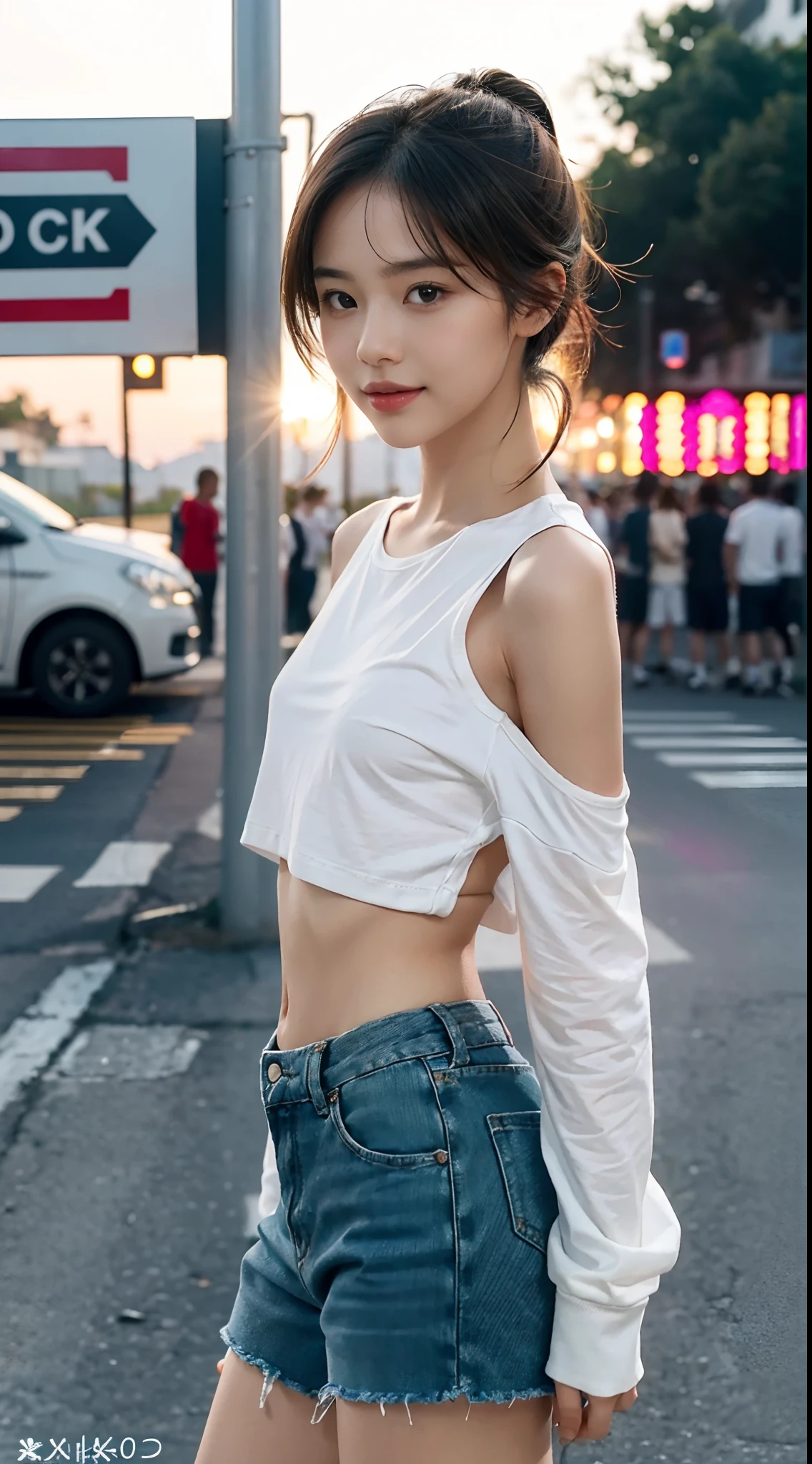 (((best quality))),(((ultra detailed))),(((masterpiece))),illustration,((1 beautiful girl,solo)),((slim,thin)),((small breasts,flat chest)), outside school gate, summer twilight, sunlight,(short ponytail:1.3),((white long-sleeved shirt)),(clavicalis:1.3),((denim shorts,slender legs)),animated face, excited eyes, sounds of laughter, chatter, excitement of summer vacation, air filled with energy, school gate golden glow, symbol of end of academic year, schoolyard transformed, reunion, farewells, embracing setting sun, face illuminated, moment captured, fleeting instant, essence of summer, carefree spirit, youthful exuberance, embodiment of season, sun dips, rosy glow, joy of living,promise of adventures,((standing,from front,upper body)),(surrounded by crowded crowds:1.3)