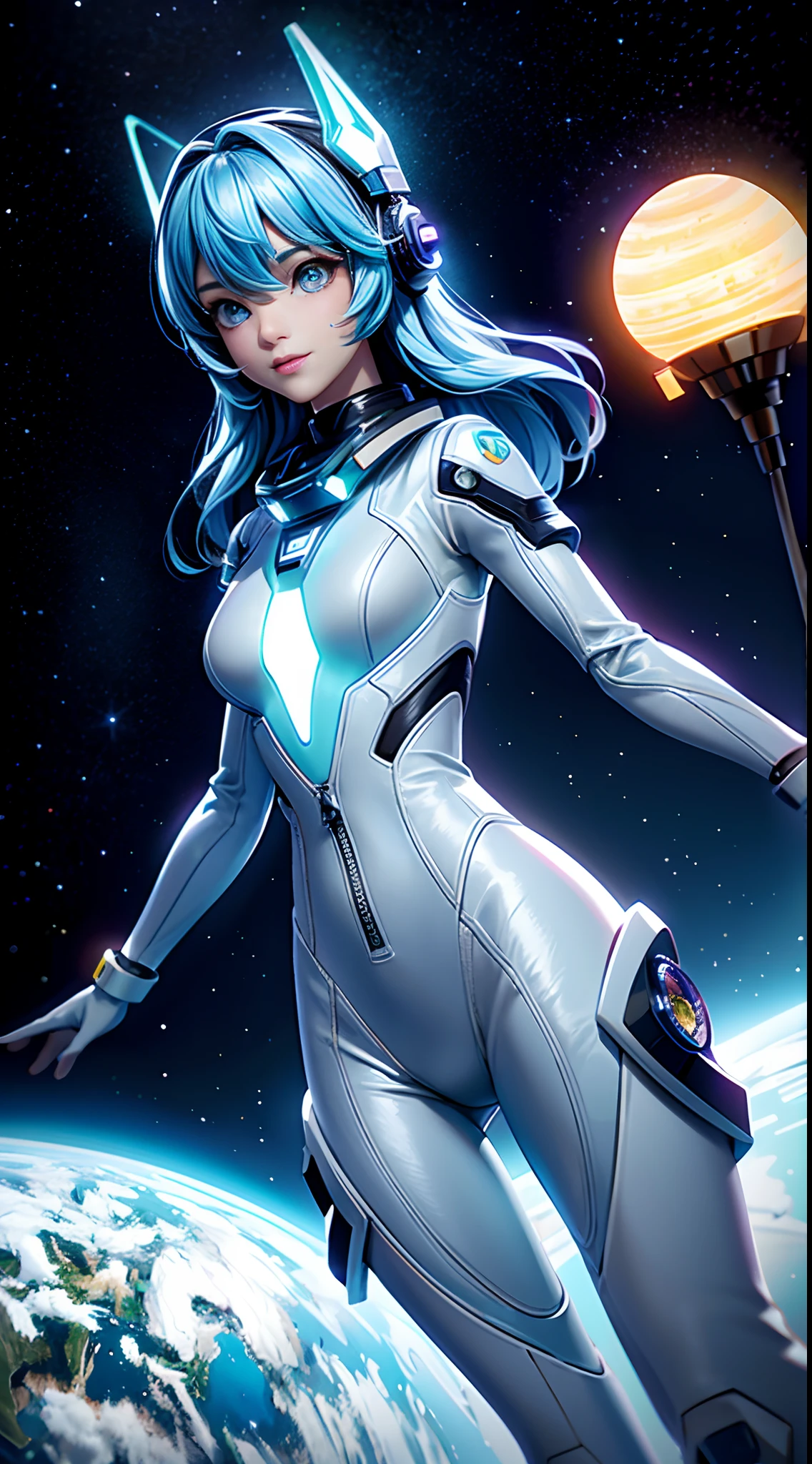 full-body shot,masterpiece,Extreme,Beautiful girl with fair skin,With a high ponytail,,Cold eyes,Wearing a transparent white shaping future technology armor,Expose the crotch,Expose the navel and lower abdomen,Standing in the starry sky,Showing off underwear and proud body