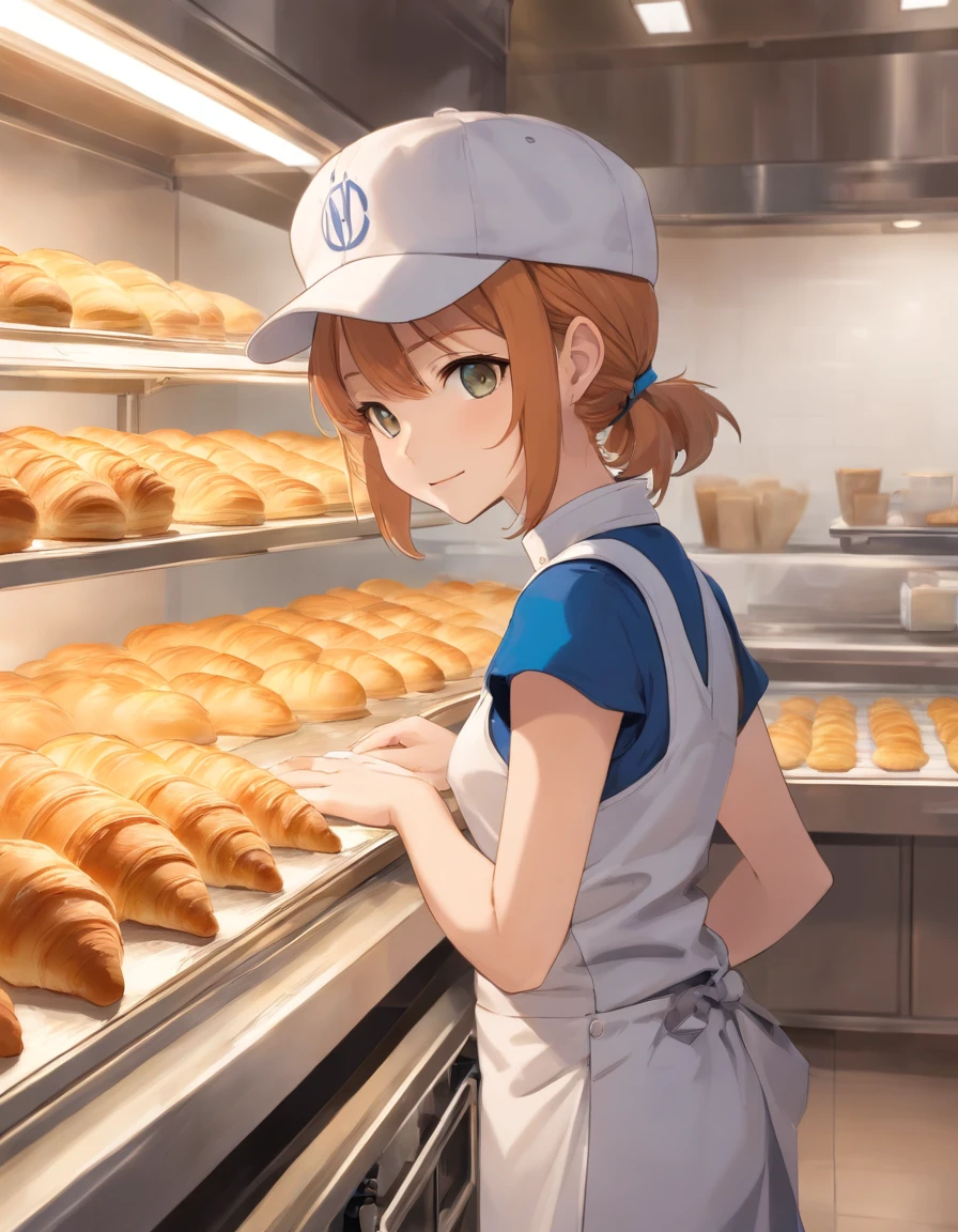 ((cat ear)),((Baseball hat)),((Sleeveless Baseball Uniforms)),A talented baker who meticulously forms the best dough for flaky pastries. The image is、Shows a well-equipped bakery with stainless steel countertops and a set of baking tools. Baker, Young man with radiant smile々Shishi Woman, Roll out the dough with a wooden rolling pin, Show off her expertise. The aroma of baked goods fills the air. In the background、Trays of golden croissants and delicately woven Danish pastries are chilled on racks. This photo is、Encapsulates the precision and skills required for the art of pastry making. photographed:Claire Ptak, A renowned pastry chef specializing in natural and seasonal ingredients