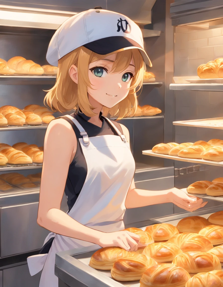 ((cat ear)),((Baseball hat)),((Sleeveless Baseball Uniforms)),A talented baker who meticulously forms the best dough for flaky pastries. The image is、Shows a well-equipped bakery with stainless steel countertops and a set of baking tools. Baker, Young man with radiant smile々Shishi Woman, Roll out the dough with a wooden rolling pin, Show off her expertise. The aroma of baked goods fills the air. In the background、Trays of golden croissants and delicately woven Danish pastries are chilled on racks. This photo is、Encapsulates the precision and skills required for the art of pastry making. photographed:Claire Ptak, A renowned pastry chef specializing in natural and seasonal ingredients