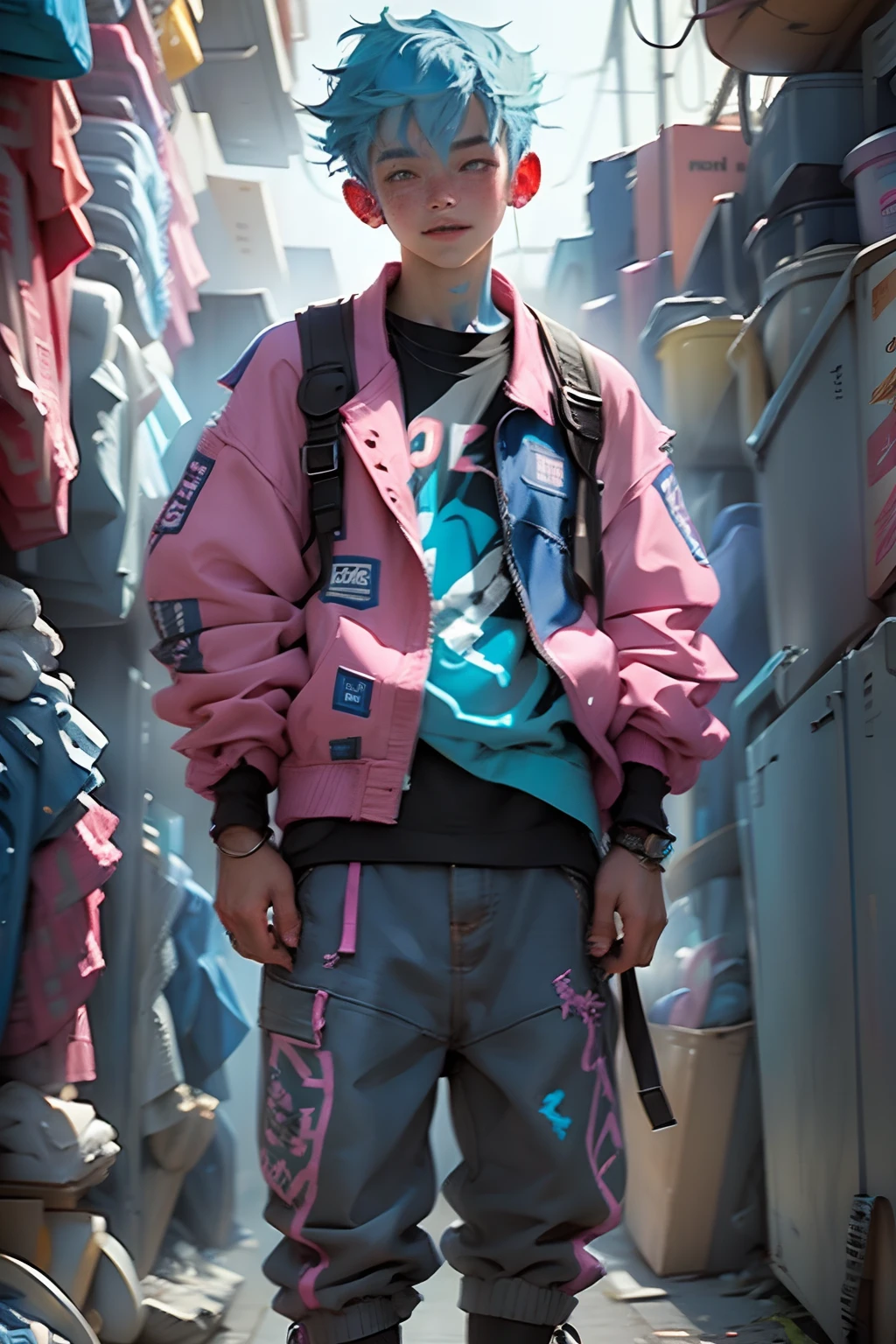 boy, blue hair, pink jacket, happy face, whole body shot
