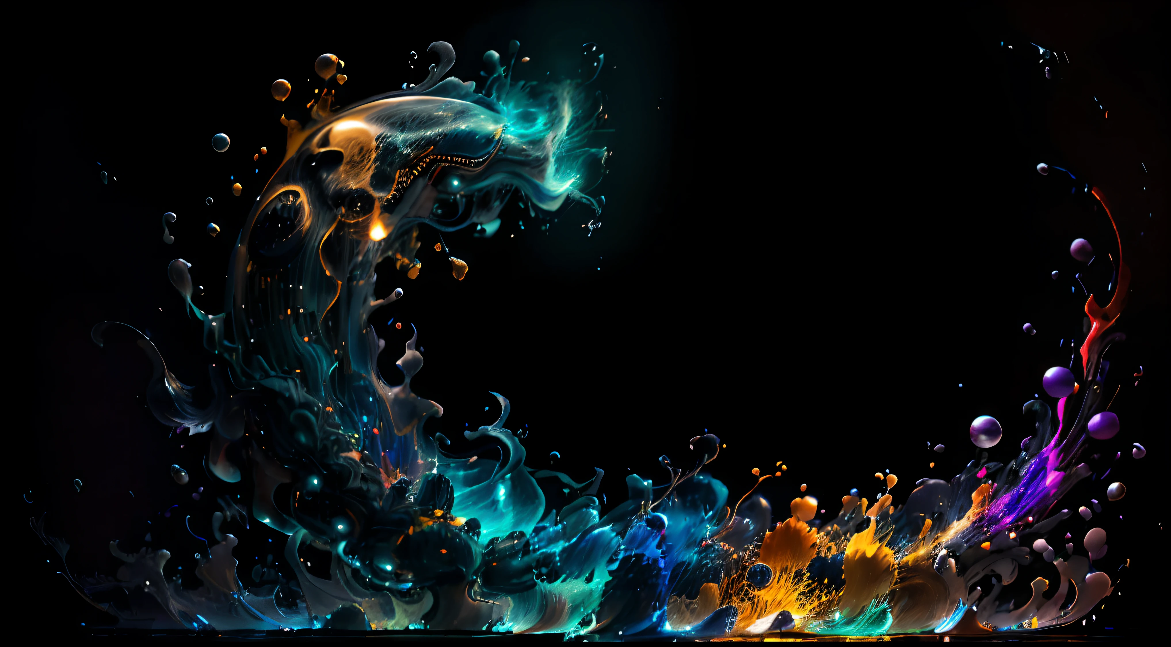 Obra de Arte abstracto en movimiento.Arte de Alberto Severo. Un primer plano de chorros y corrientes de metales preciosos fundidos que chocan entre si y forman , inmensas cantdades de gotas y chorros metalicos de oro, plata, cobre mercurio, que burbujean ,explotan ,remolinean y fluyen y ocupan todo el espacio, nubes de fluidos de colores metalicos dorados, plateados, cobrizos brillantes y tornasolados,burbujas tornasoladas, ,remolinos de gotas tornasoladas que giran y escapan.Crea una fascinante obra de arte abstracta con un enfoque en la fluidez y el movimiento. Utilice una paleta de colores rica y diversa, Blend tones seamlessly to evoke a sense of continuous movement, Background of psychedelic fuids in motion. Arte de los fluidos en movimiento