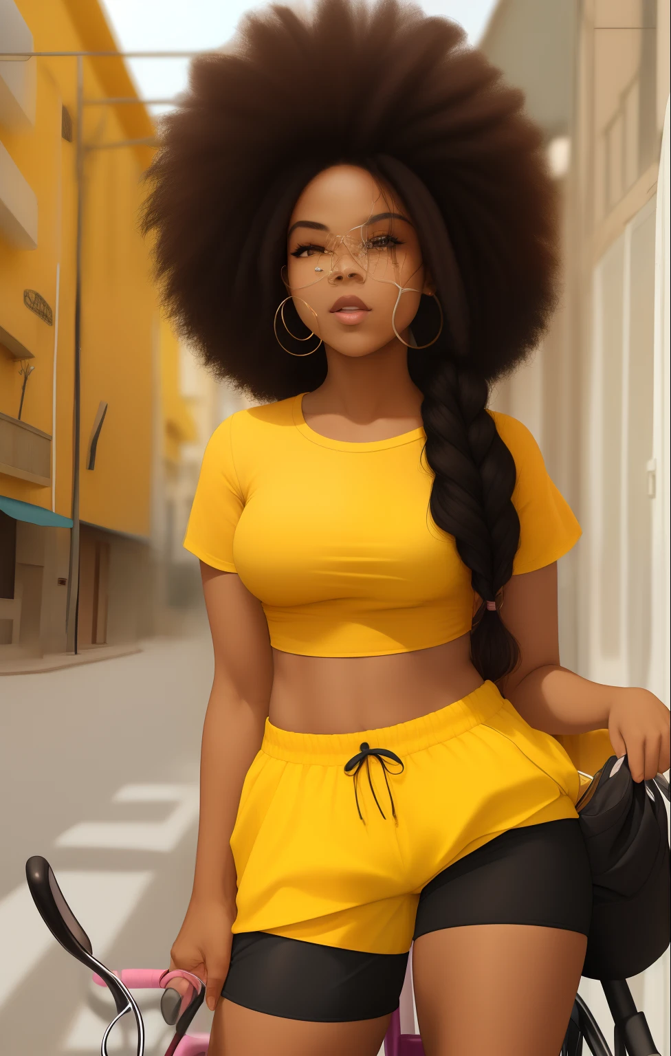 A black woman Stokke in a white top and pink shorts stands next to a bicycle with a yellow background and, por Quentin Tarantino, 1girl, pulseira, ((cabelo cor de corvo)), joias, letterboxed, labia, long_hair, maquiagem, medium_breasts, midriff, nail_polish, umbigo, colar, nariz, orange_sky, pink_shorts, realista, shorts, solo, sol, sun sunset, tatuagem, pulseira, yellow_background, yellow_sky, belo brilho detalhado, detalhado, cinematiclight, detalhe intrincado, highres, detailedfacialfeatures, alto detalhe, foco nítido, suave, aesthetic, extremamente detalhado, carimbo, octano render,