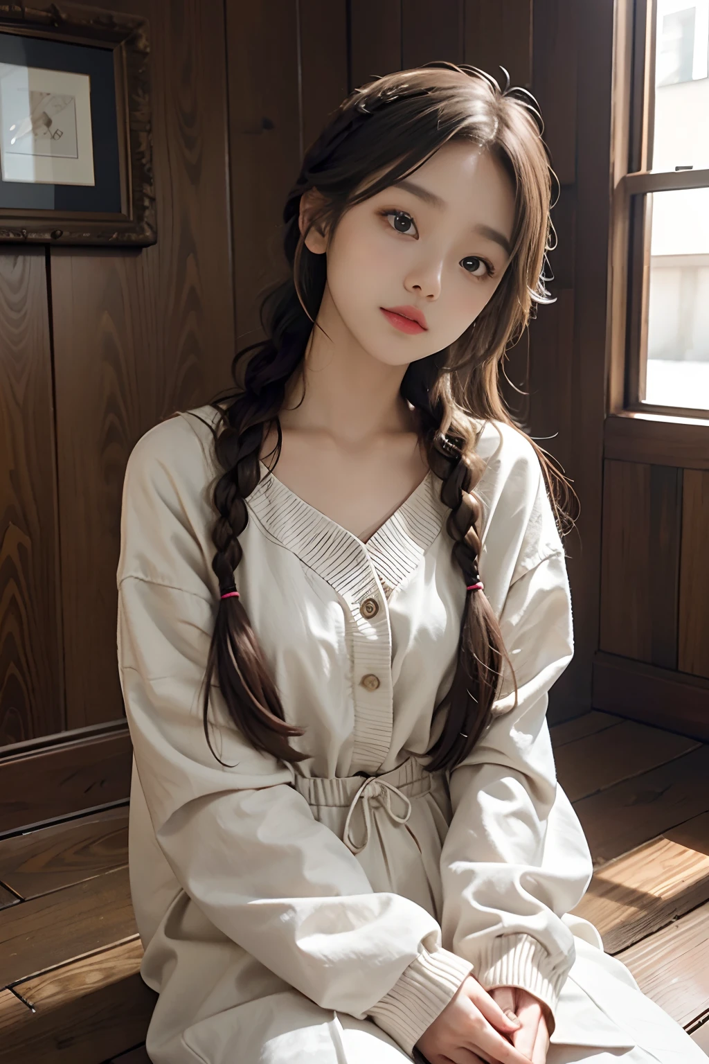 Brown hair、Lustrous long hair、kawaii、Bright eyes、frontage、inside in room、doress、Braids