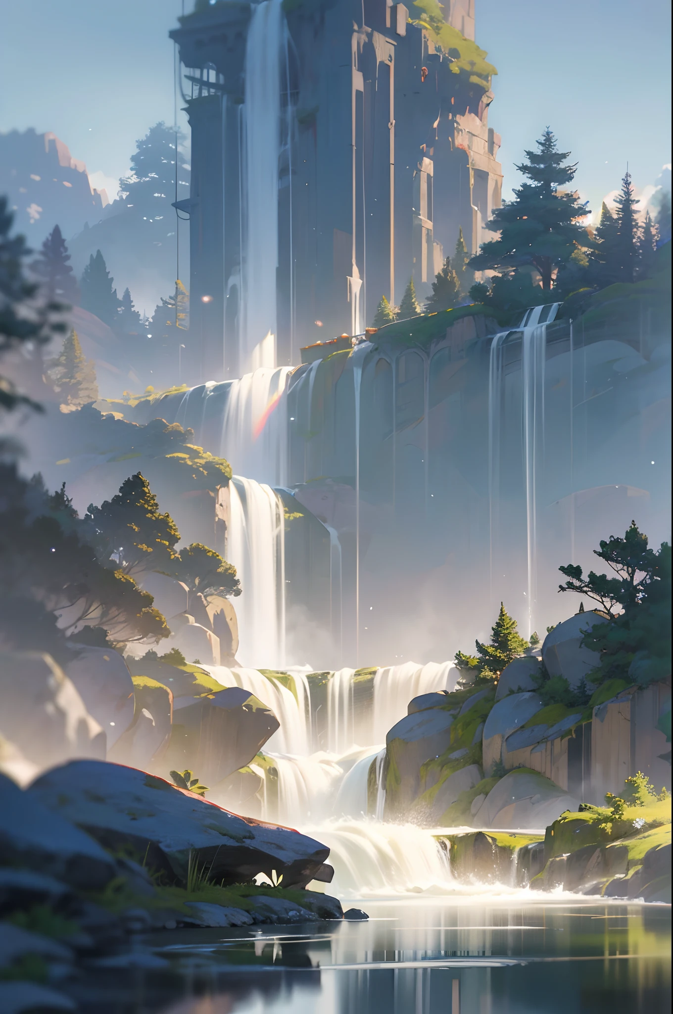 Chaotic rushing waterfalls in tranquil beautiful landscapes, ray tracing, detailed reflections, intricacies, high detail, drama, masterpieces of the best quality, photorealistic realism, detail, 8k, HDR, backlight, halo, flash, chromatic aberration, sharp focus