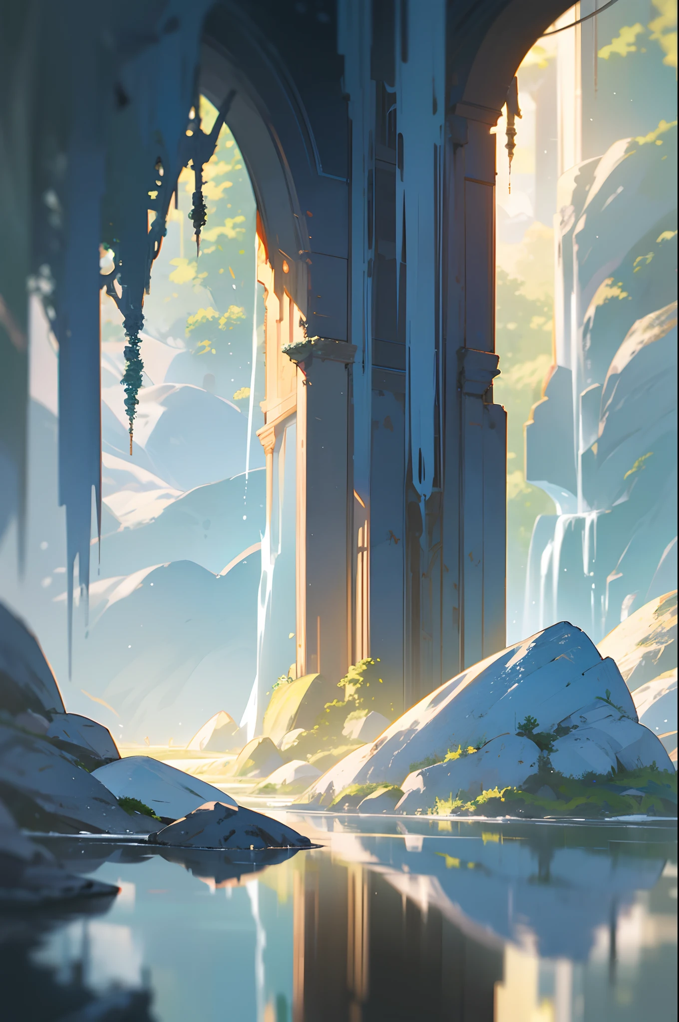 Chaotic rushing waterfalls in tranquil beautiful landscapes, ray tracing, detailed reflections, intricacies, high detail, drama, masterpieces of the best quality, photorealistic realism, detail, 8k, HDR, backlight, halo, flash, chromatic aberration, sharp focus