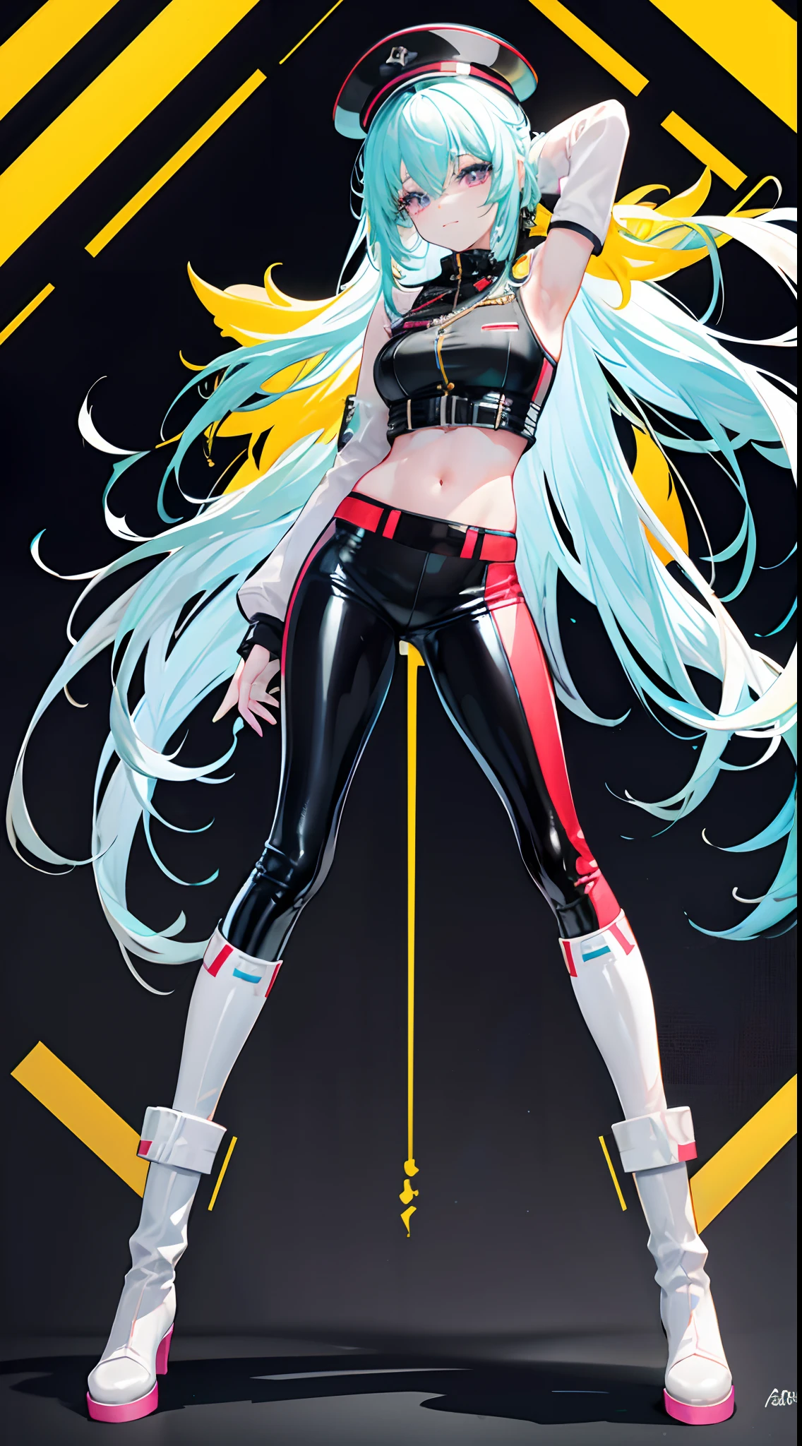Full body like，Solo，ssmile，Long colorful fluorescent hair，idol clothes，angelicales，German military uniform，Latex boots，latex glove，White skin，Expose the armpits，exposing your navel，Colored eyes and nails，Crossed waist with one hand，stand posture，Blank background，simplebackground