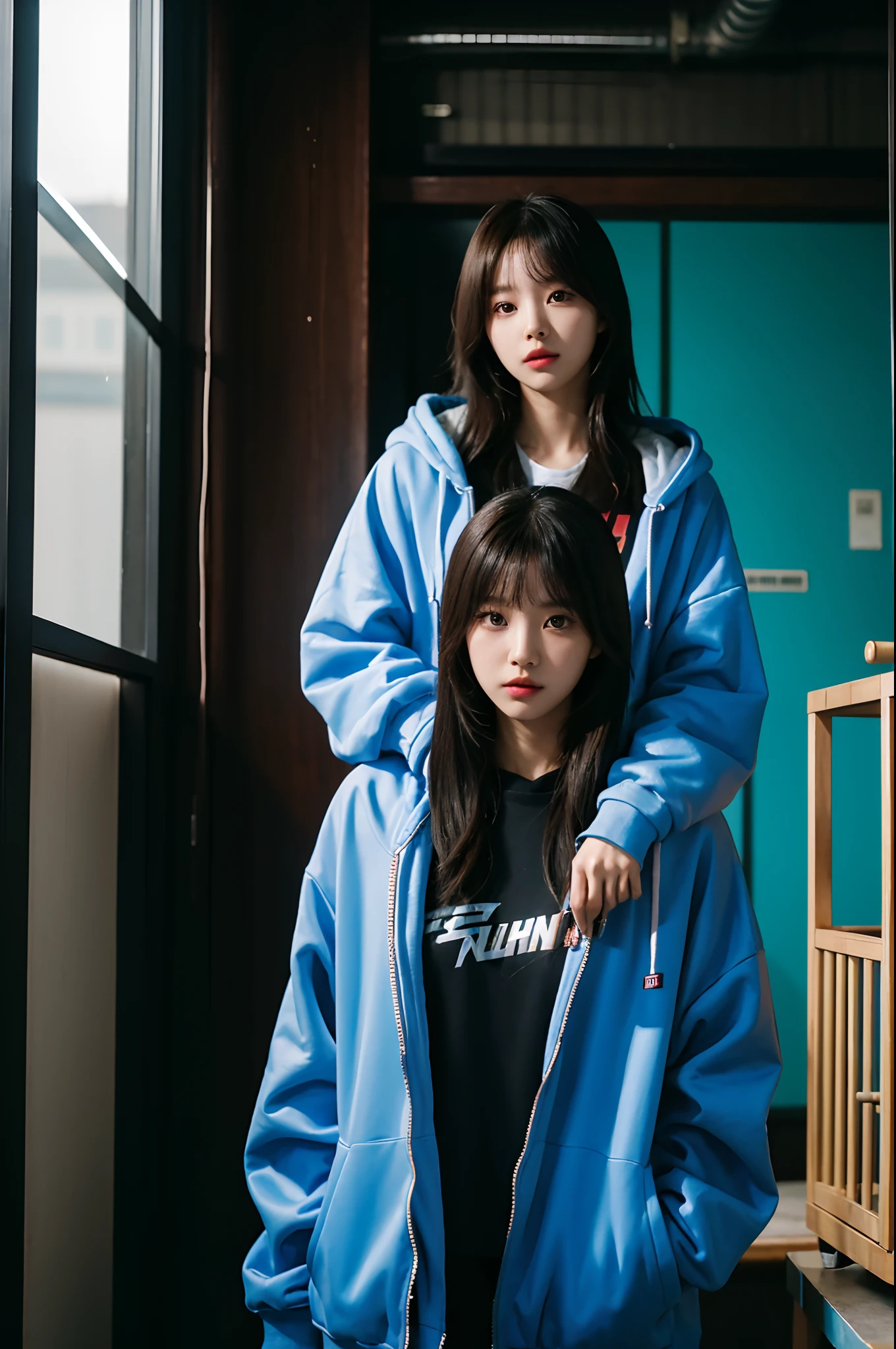 there is a woman that is standing in a room with a bird cage, iu lee ji-eun as a super villain, sun yunjoo, korean girl, girl wearing hoodie, heonhwa choe, wearing cyberpunk 2 0 7 7 jacket, cute girl wearing tank suit, cyberpunk anime girl in hoodie, bae suzy, gorgeous young korean woman, jaeyeon nam