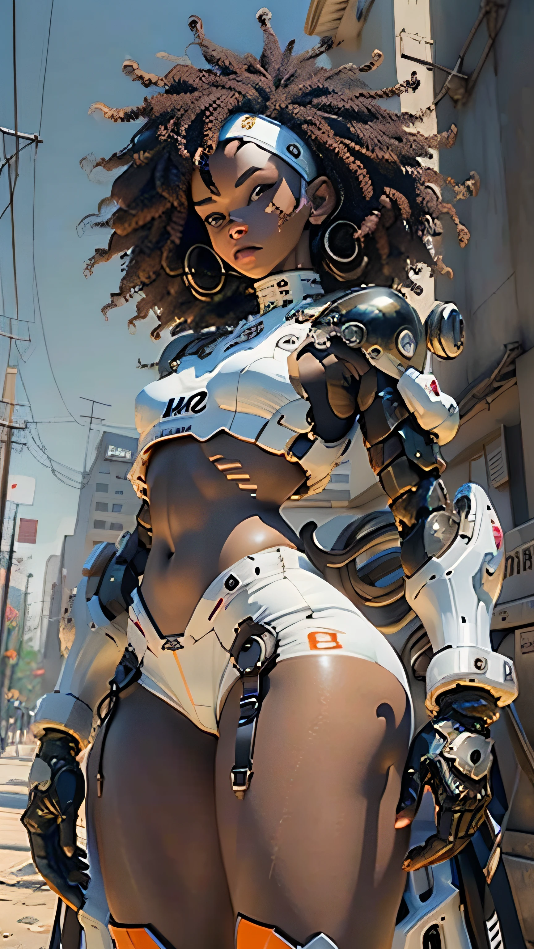afro Woman body defined thick thighs cybernetic body parts, short underwear, black skin