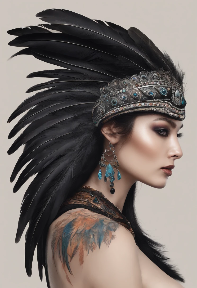 Multiple black feathers on the head、A detailed face、Halter neck see-through、Muscle tattoos、The tattoo、