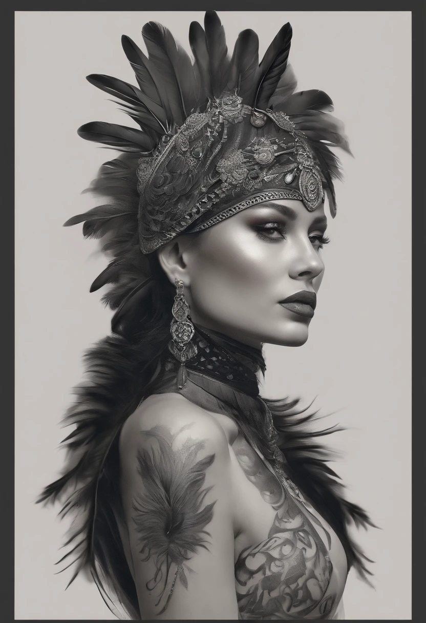 Multiple black feathers on the head、A detailed face、Halter neck see-through、Muscle tattoos、The tattoo、