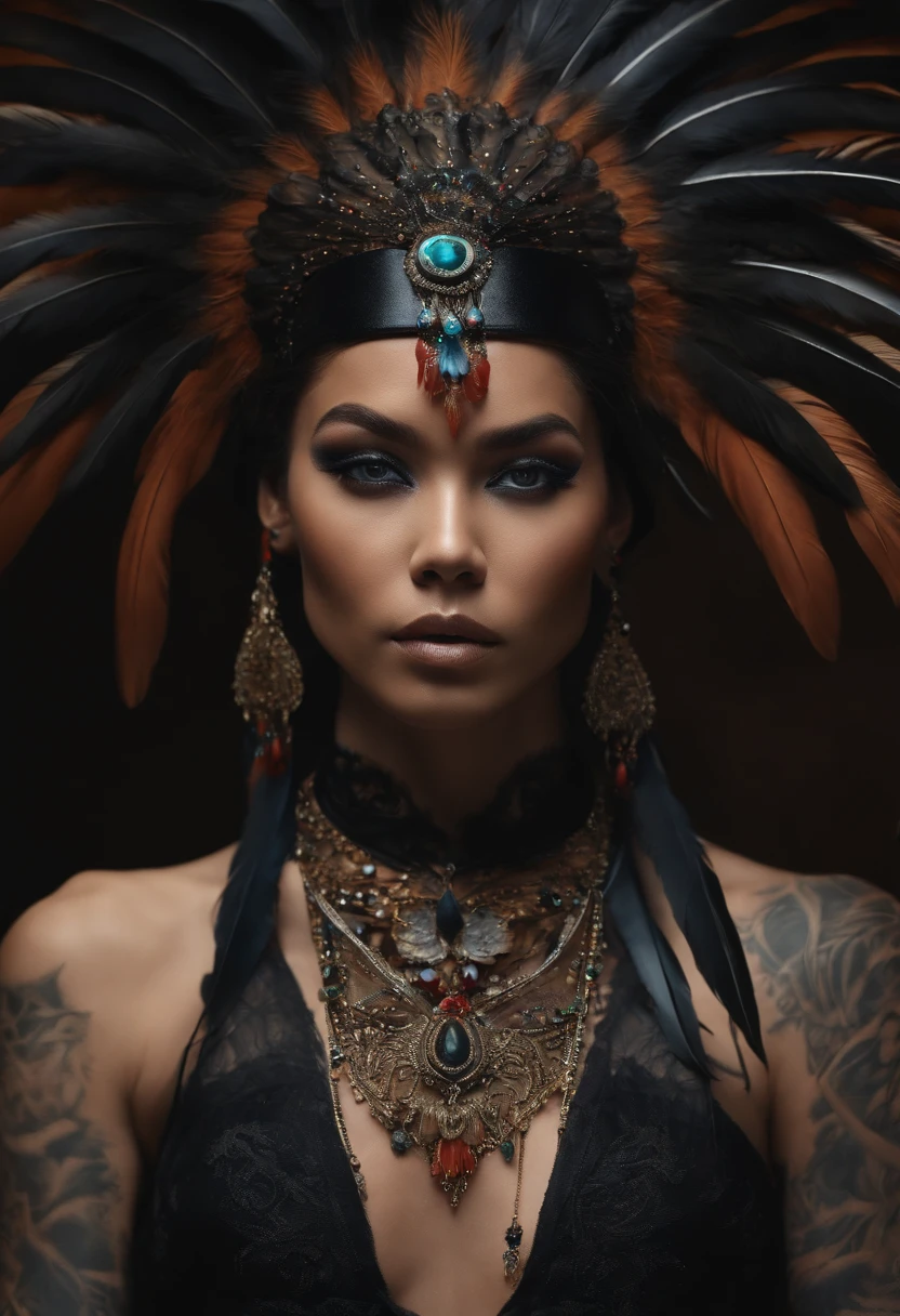 Multiple black feathers on the head、A detailed face、Halter neck see-through、Muscle tattoos、The tattoo、