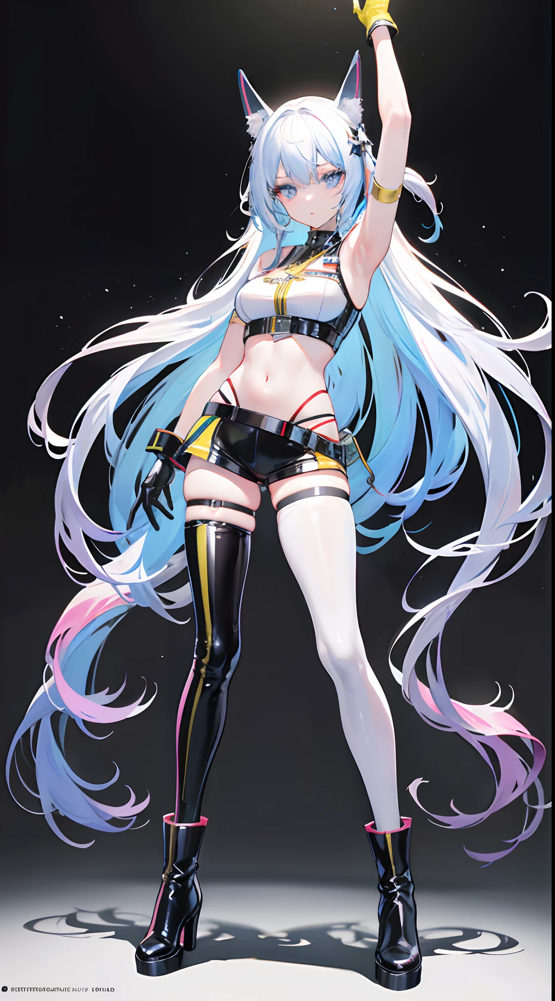 Full body like,Solo,Colorful fluorescent long hair,Idol costumes,angelicales,German military uniform,Latex boots,latex glove,White skin,Expose the armpits,exposing your navel,Colored eyes and nails,Crossed waist with one hand,stand posture,Blank background,simplebackground