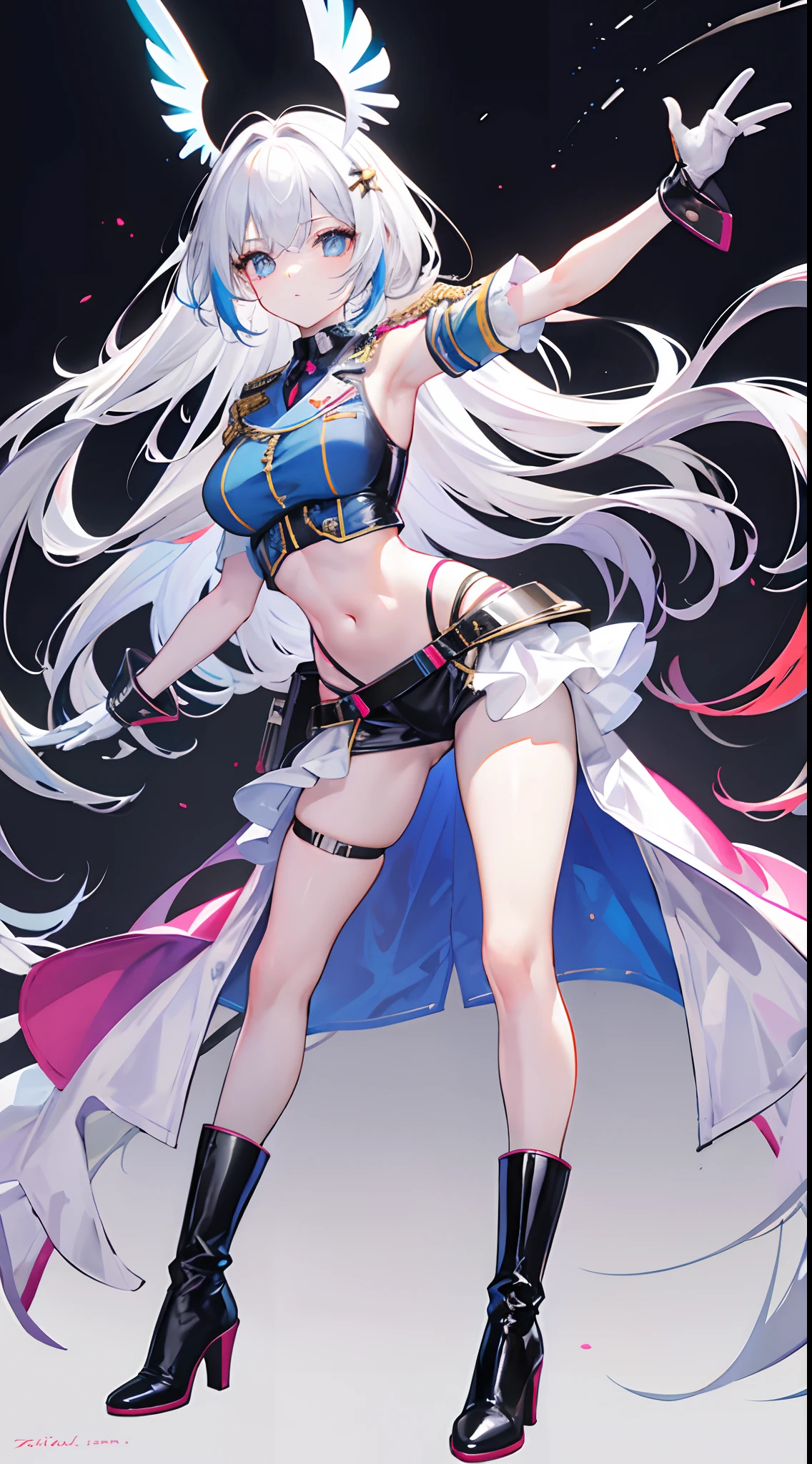 Full body like,Solo,Colorful fluorescent long hair,Idol costumes,angelicales,German military uniform,Latex boots,latex glove,White skin,Expose the armpits,exposing your navel,Colored eyes and nails,Crossed waist with one hand,stand posture,Blank background,simplebackground