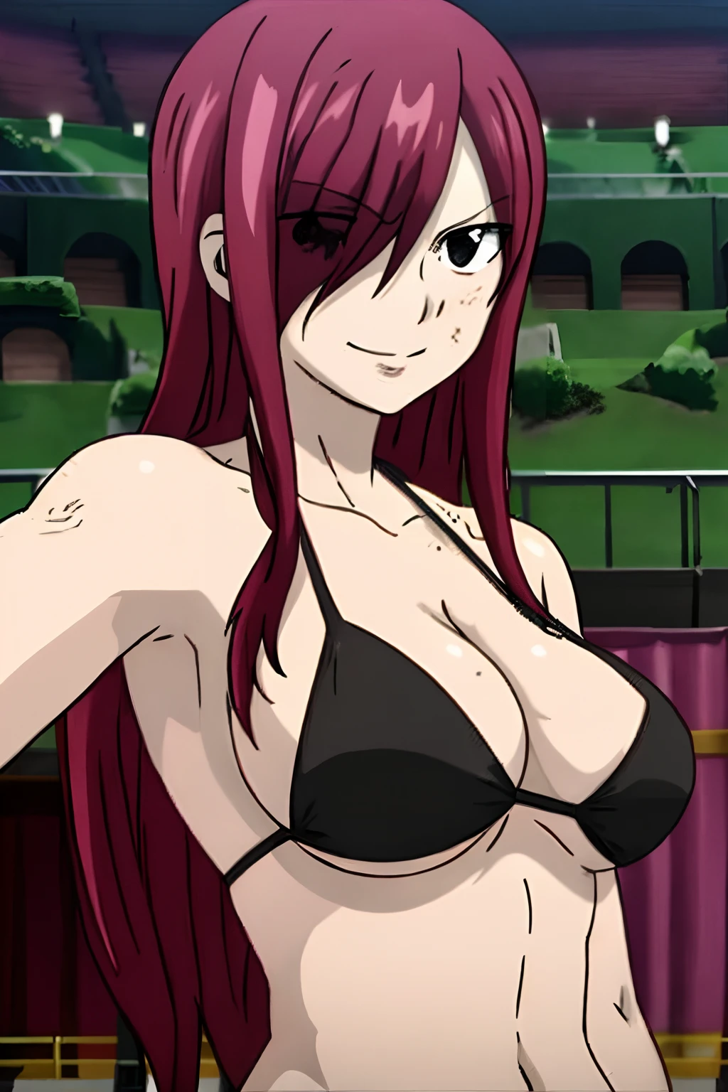 Scarlet erza, (tiny black bikini only), location: wresting colosseum with crowd watching, adult woman, big breasts, lying down, cowboy shot, best quality, ((right shoulder)), slightly strong arms, looking at viewer, important: shoulder tattoo only), big smile, (broad shoulders), perfect body, no injuries, knocked down, clean body, from left side, win pose, ((opens her arms wide, slightly stretching))