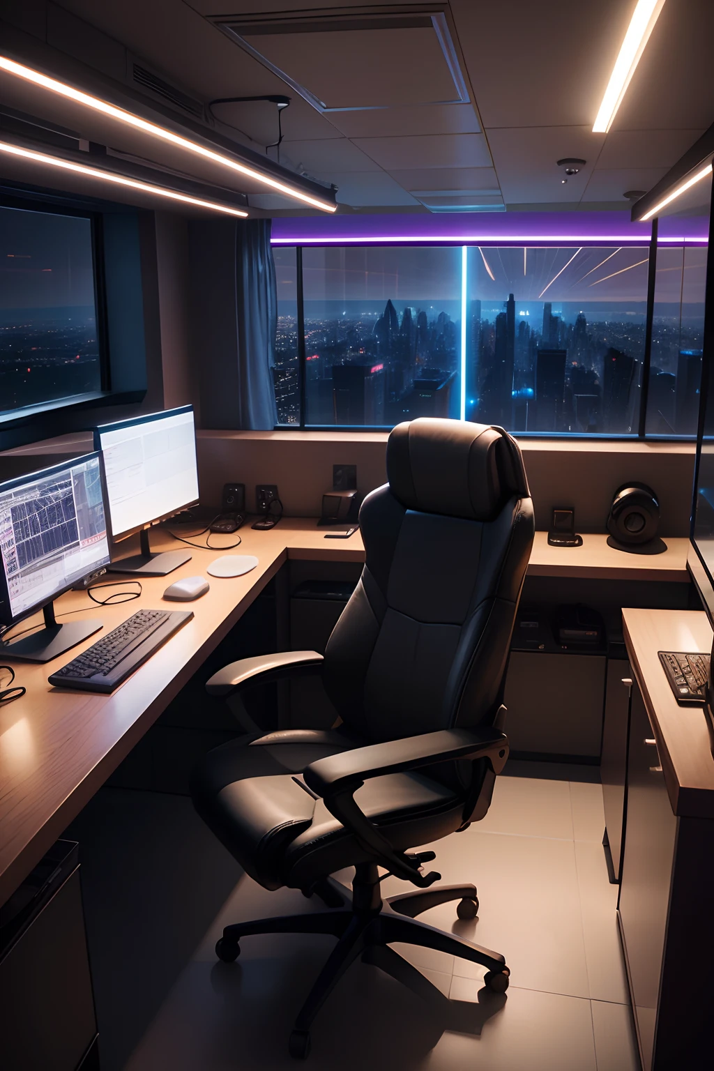 A gaming office with a Comfortable atmosphere in the style of Modern with a view of a futuristic metropolis illuminated at night.