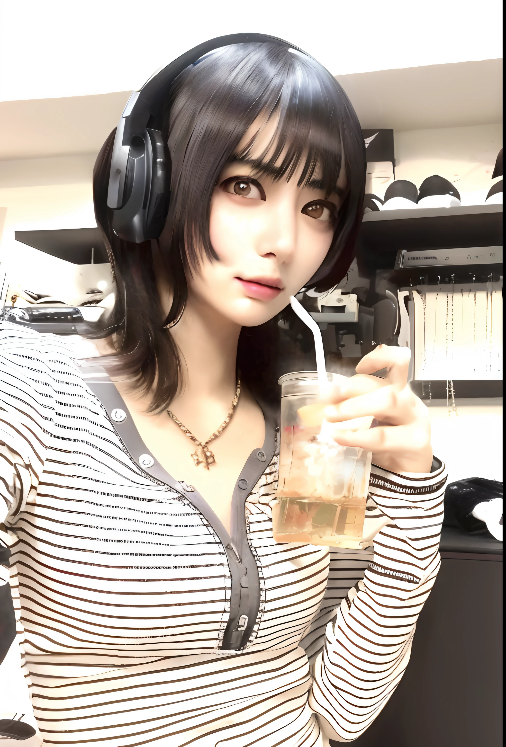 Arab asian woman with headphones drinking drink in room, anime girl drinks energy drink, With short hair, ulzzangs, sui ishida with black hair, hime-cut, deayami kojima, 奈良美智, rena nounen style 3/4, With bangs, style of junji ito, chiho