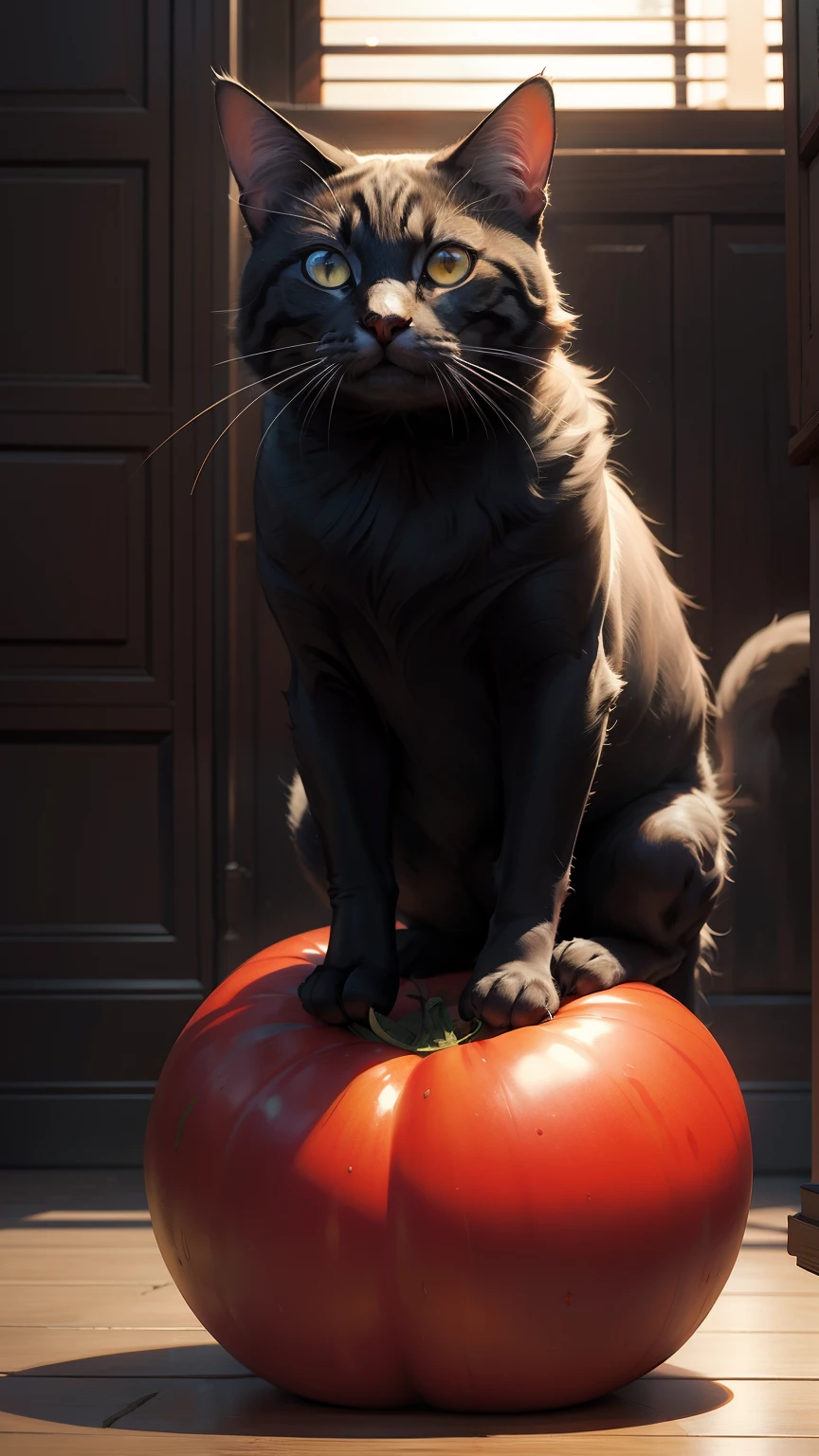 A humorous scene with a mischievous cat trying to keep its balance on a giant tomato. The cat's expression is mischievous and the tomato is vibrant red. El ambiente general es alegre y caprichoso. Lighting is brilliant, with a warm sun casting playful shadows. The style is inspired by comic strips and cartoons. La imagen es muy detallada, con detalles intrincados en el pelaje del gato y la textura del tomate. Artists recommended for inspiration include Ruan Jia, Mandy Jurgens, Artgerm y Wayne Barlowe