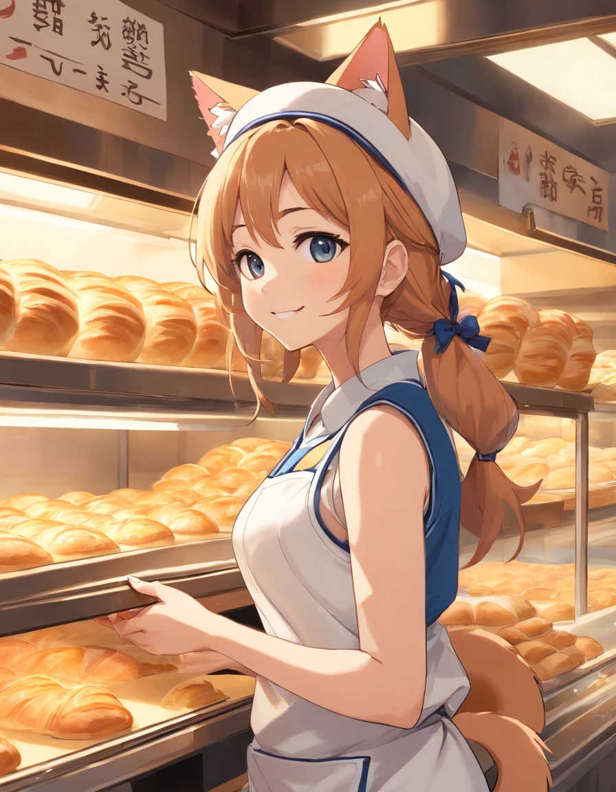 ((Cat's ears)),((Baseball hat)),((Sleeveless Baseball Uniforms)),A talented baker who meticulously forms the best dough for flaky pastries. The image is、Shows a well-equipped bakery with stainless steel countertops and a set of baking tools. Baker, Young man with radiant smile々Shishi Woman, Roll out the dough with a wooden rolling pin, Show off her expertise. The aroma of baked goods fills the air. In the background、Trays of golden croissants and delicately woven Danish pastries are chilled on racks. This photo is、Encapsulates the precision and skills required for the art of pastry making. photographed:Claire Ptak,