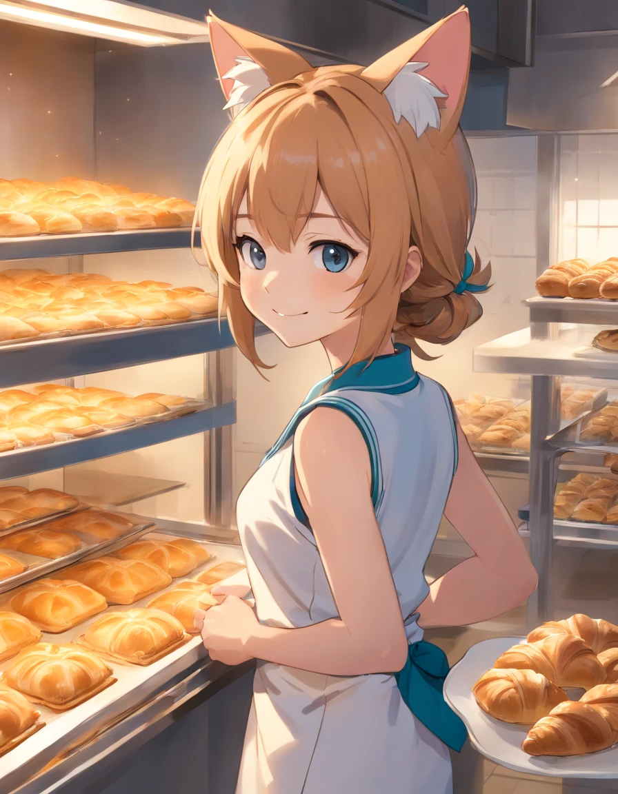 ((Cat's ears)),((Baseball hat)),((Sleeveless Baseball Uniforms)),A talented baker who meticulously forms the best dough for flaky pastries. The image is、Shows a well-equipped bakery with stainless steel countertops and a set of baking tools. Baker, Young man with radiant smile々Shishi Woman, Roll out the dough with a wooden rolling pin, Show off her expertise. The aroma of baked goods fills the air. In the background、Trays of golden croissants and delicately woven Danish pastries are chilled on racks. This photo is、Encapsulates the precision and skills required for the art of pastry making. photographed:Claire Ptak,