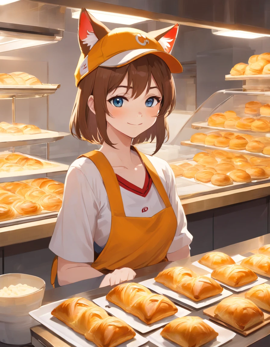 ((Cat's ears)),((Baseball hat)),((Sleeveless Baseball Uniforms)),A talented baker who meticulously forms the best dough for flaky pastries. The image is、Shows a well-equipped bakery with stainless steel countertops and a set of baking tools. Baker, Young man with radiant smile々Shishi Woman, Roll out the dough with a wooden rolling pin, Show off her expertise. The aroma of baked goods fills the air. In the background、Trays of golden croissants and delicately woven Danish pastries are chilled on racks. This photo is、Encapsulates the precision and skills required for the art of pastry making. photographed:Claire Ptak,