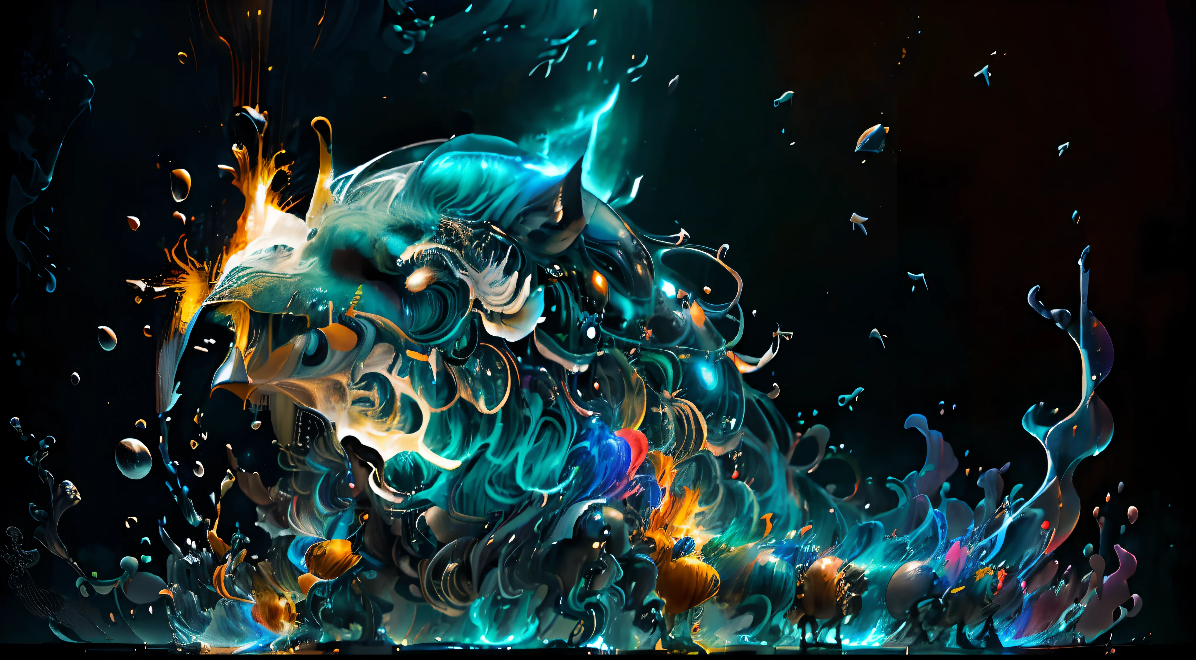 Obra de Arte abstracto en movimiento.Arte de Alberto Severo. Un primer plano de chorros y corrientes de metales preciosos fundidos que chocan entre si y forman , inmensas cantdades de gotas y chorros metalicos de oro, plata, cobre mercurio, que burbujean ,explotan ,remolinean y fluyen y ocupan todo el espacio, nubes de fluidos de colores metalicos dorados, plateados, cobrizos brillantes y tornasolados,burbujas tornasoladas, ,remolinos de gotas tornasoladas que giran y escapan.Crea una fascinante obra de arte abstracta con un enfoque en la fluidez y el movimiento. Utilice una paleta de colores rica y diversa, Blend tones seamlessly to evoke a sense of continuous movement, Background of psychedelic fuids in motion. Arte de los fluidos en movimiento