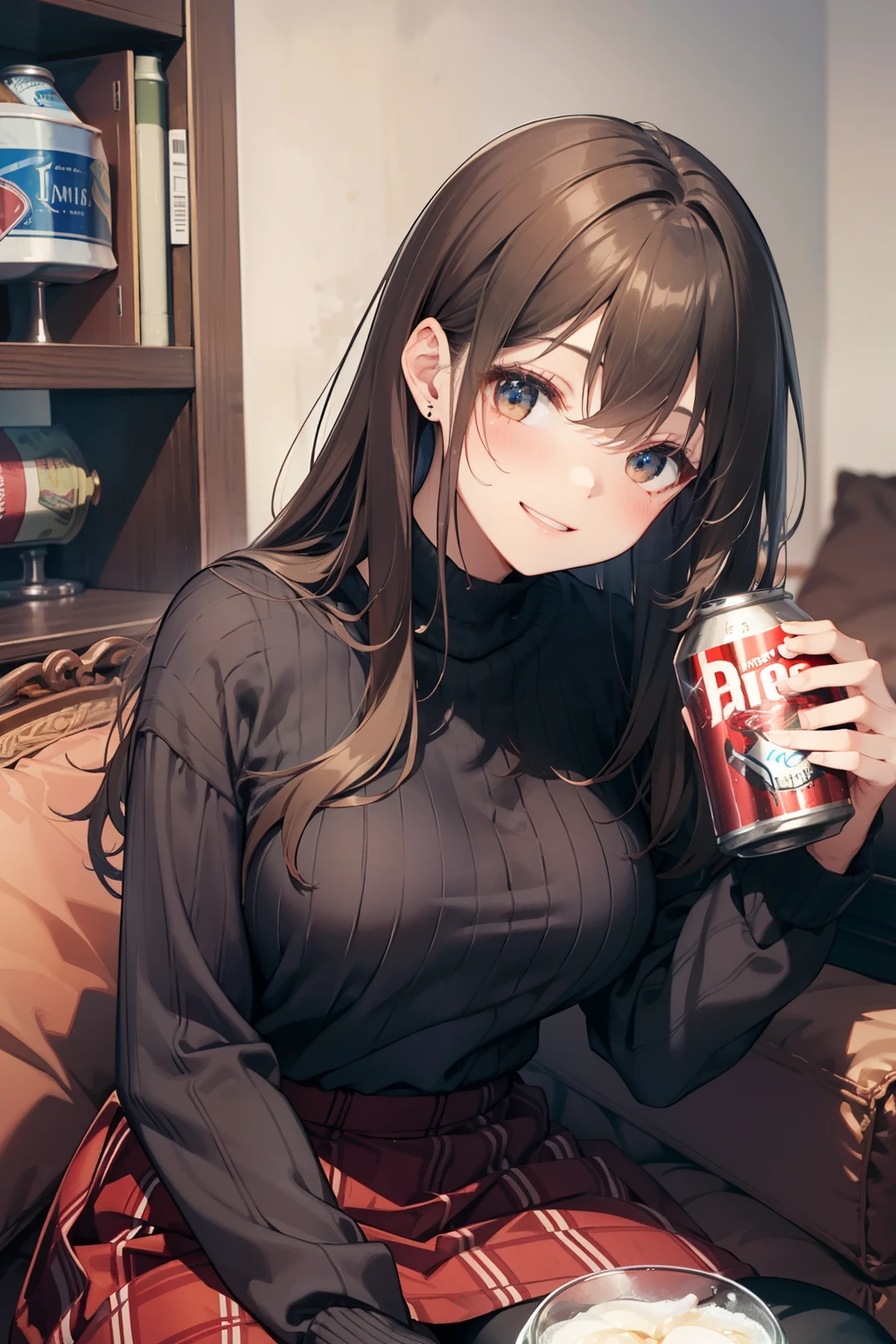 top-quality、Full limbs、complete fingers、Slender beauty、straight haired、Brown hair、Black Long Sleeve Knit Top、Red Mini Flared Skirt、Brown pantyhose、Beautiful Large Breasts、Home、girl's own room、Low Table、sit on sofa、blushing、Holding a can of beer in one hand、A big smile