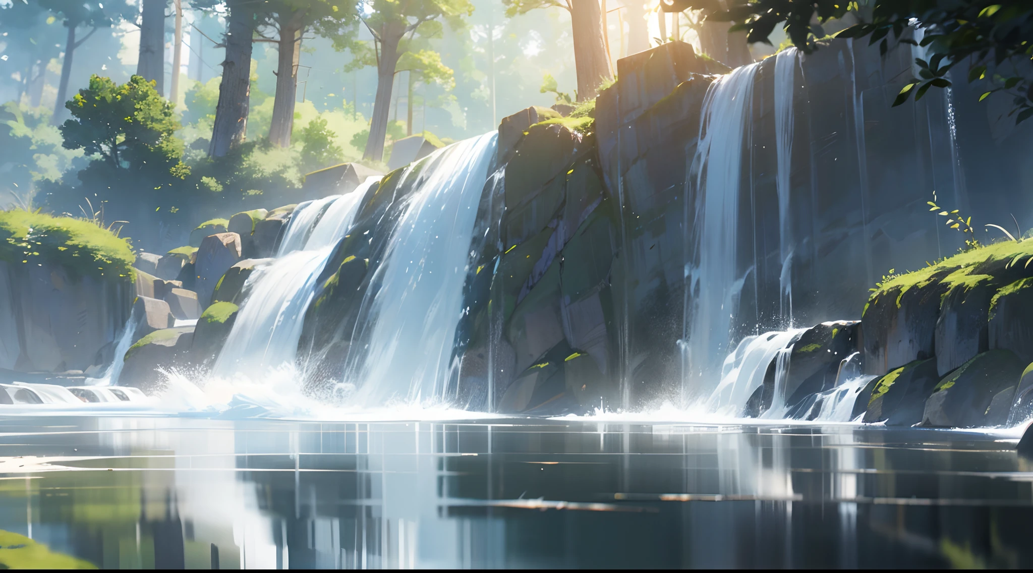 Chaotic rushing waterfalls in tranquil beautiful landscapes, ray tracing, detailed reflections, intricacies, high detail, drama, masterpieces of the best quality, photorealistic realism, detail, 8k, HDR, backlight, halo, flash, chromatic aberration, sharp focus