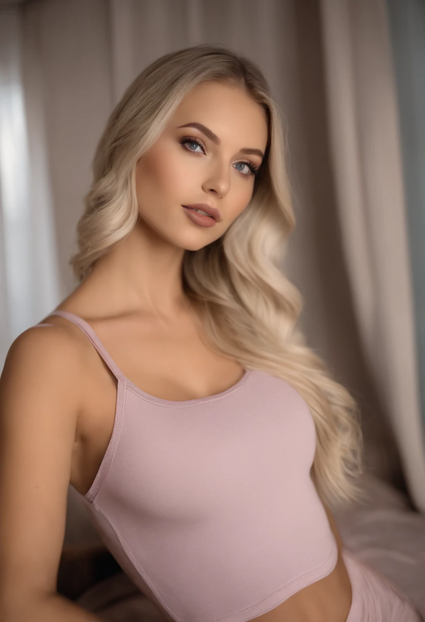 woman with matching tank top and panties, Sexy girl with blue eyes, portrait sophie mudd, portrait corinna kopf, blonde hair and large eyes, Selfie einer jungen Frau, Augen im Schlafzimmer, Violet Myers, ohne Make-up, Natural makeup, Blick direkt in die Kamera, Gesicht mit Artgram, dezentes Make-up, Stunning full body shot, im Schlafzimmer, Spaltung