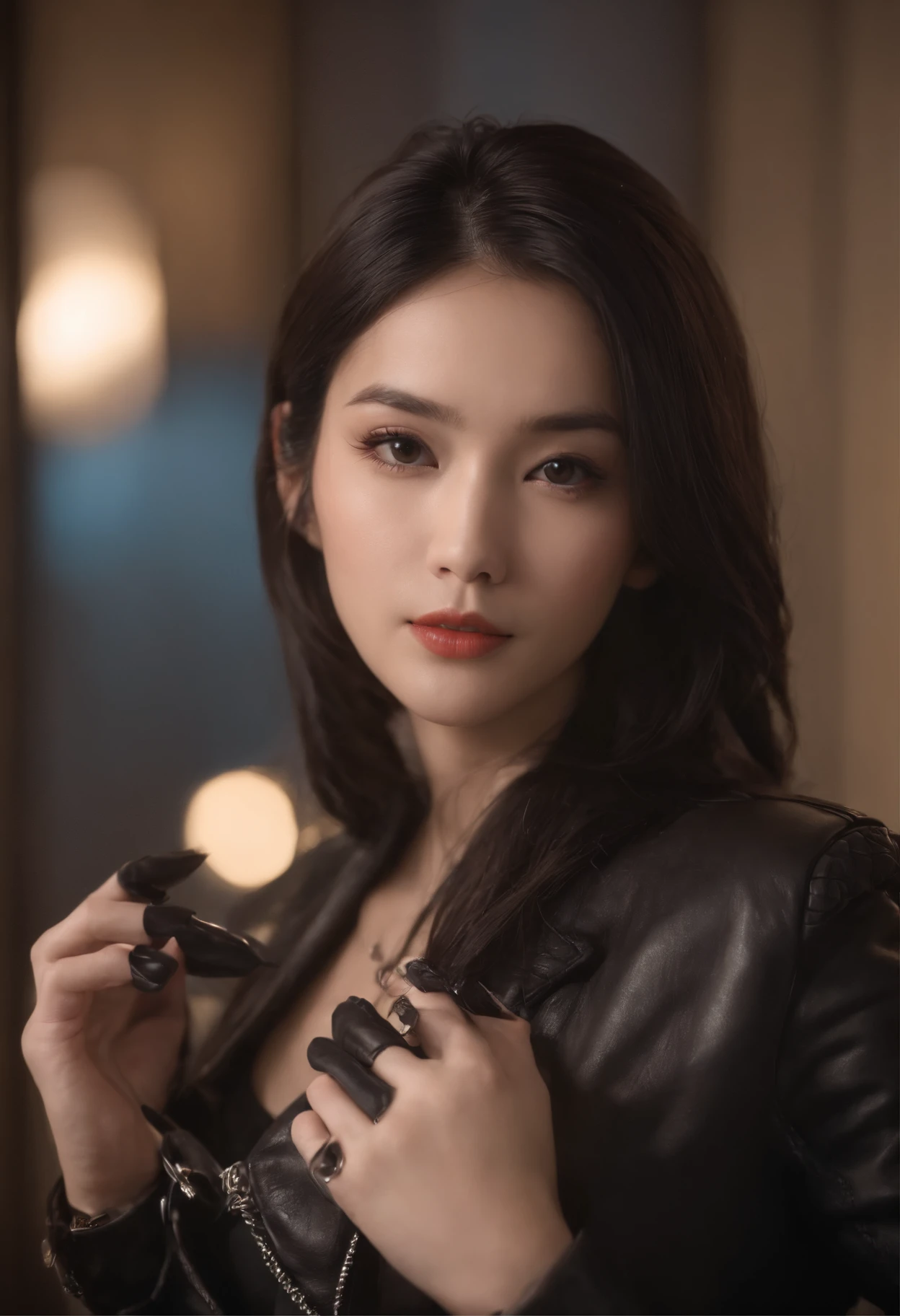 Upper body covered with black leather gloves up to the fingertips in both hands, black leather double riders jacket, slender necklace, young and cute Japanese girl with beautiful black hair, sitting on a black leather chair facing the desk in the president's room at night, sitting on a cheek stick