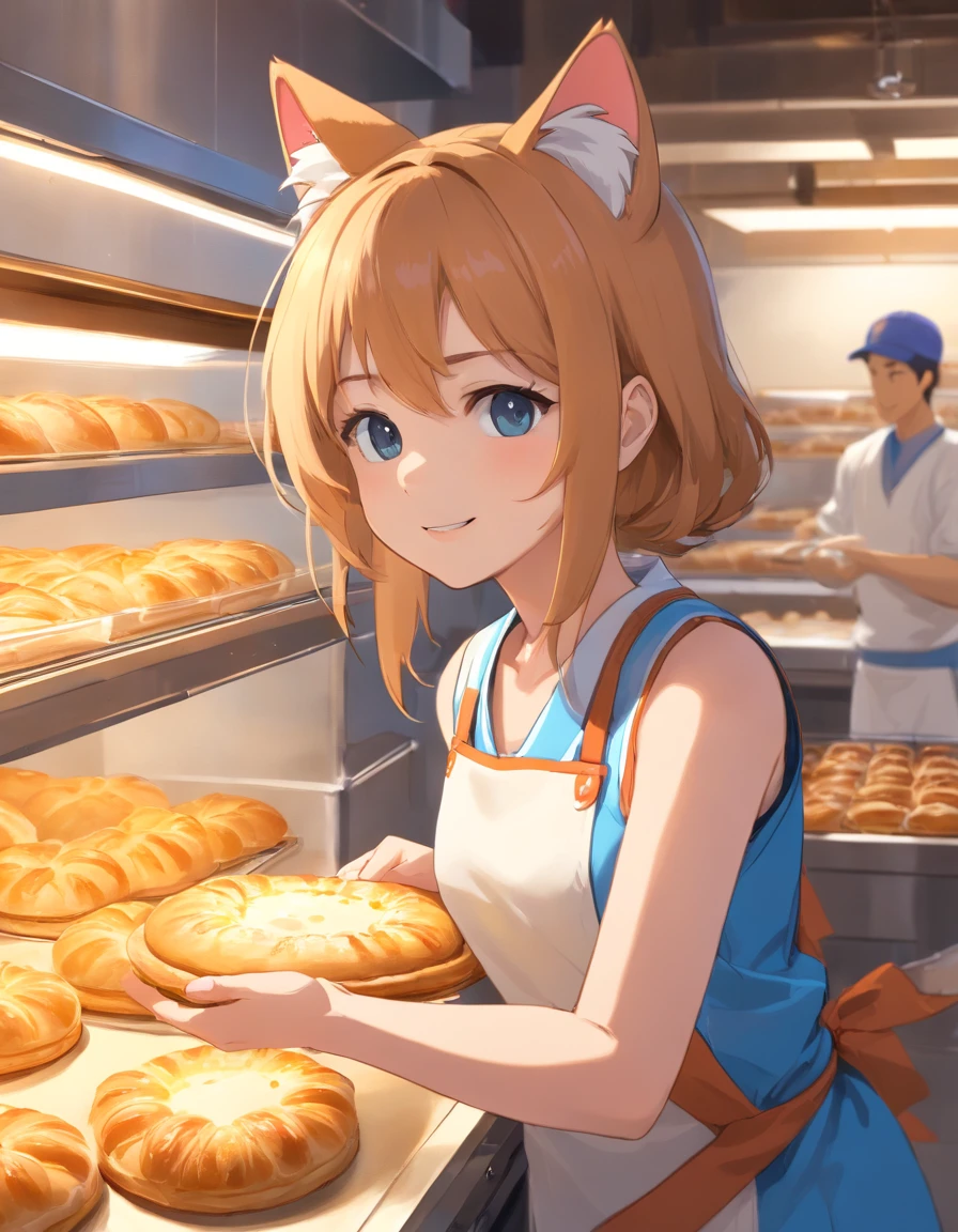 ((Cat's ears)),((Baseball hat)),((Sleeveless Baseball Uniforms)),A talented baker who meticulously forms the best dough for flaky pastries. The image is、Shows a well-equipped bakery with stainless steel countertops and a set of baking tools. Baker, Young man with radiant smile々Shishi Woman, Roll out the dough with a wooden rolling pin, Show off her expertise. The aroma of baked goods fills the air. In the background、Trays of golden croissants and delicately woven Danish pastries are chilled on racks. This photo is、Encapsulates the precision and skills required for the art of pastry making. photographed:Claire Ptak,