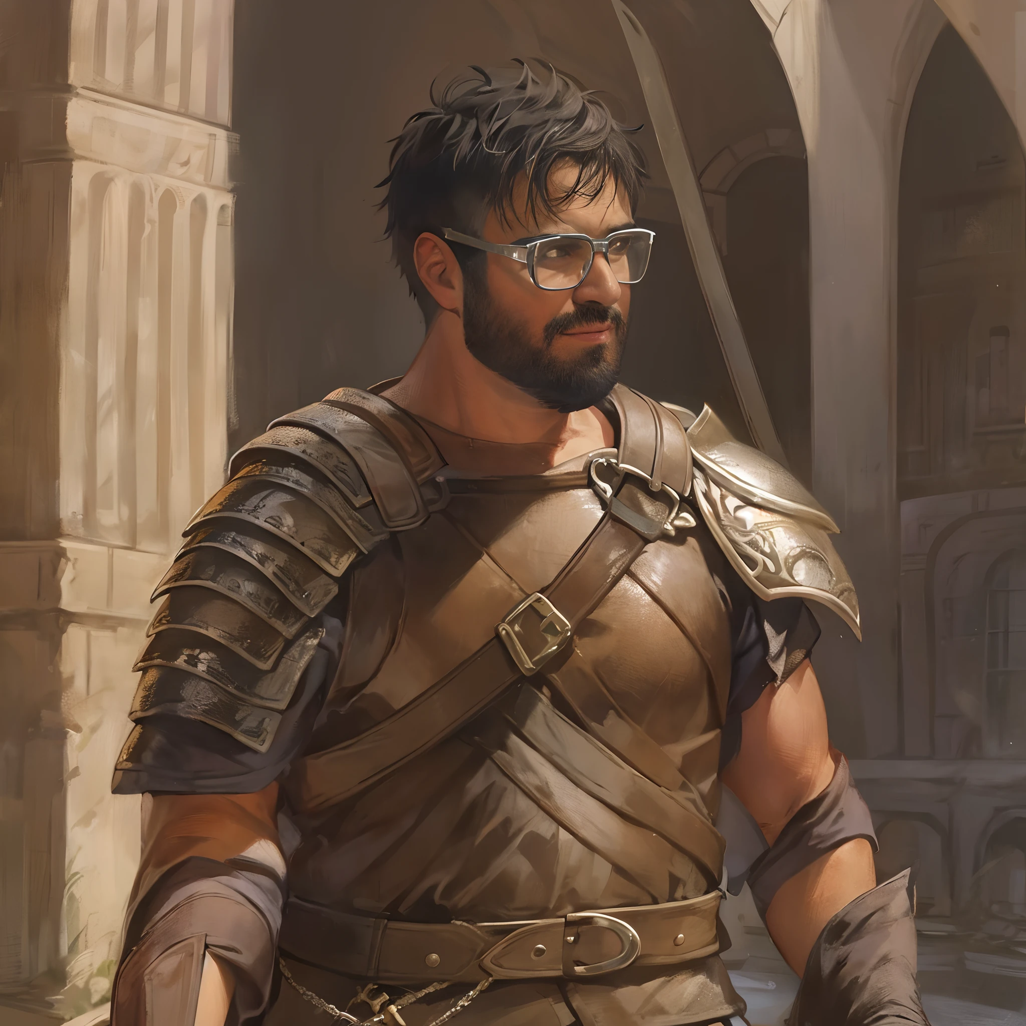 David, male, short beard, glasses, brown skin, wearing gladiator armor, leather armor, holding a short sword, in a colosseum,