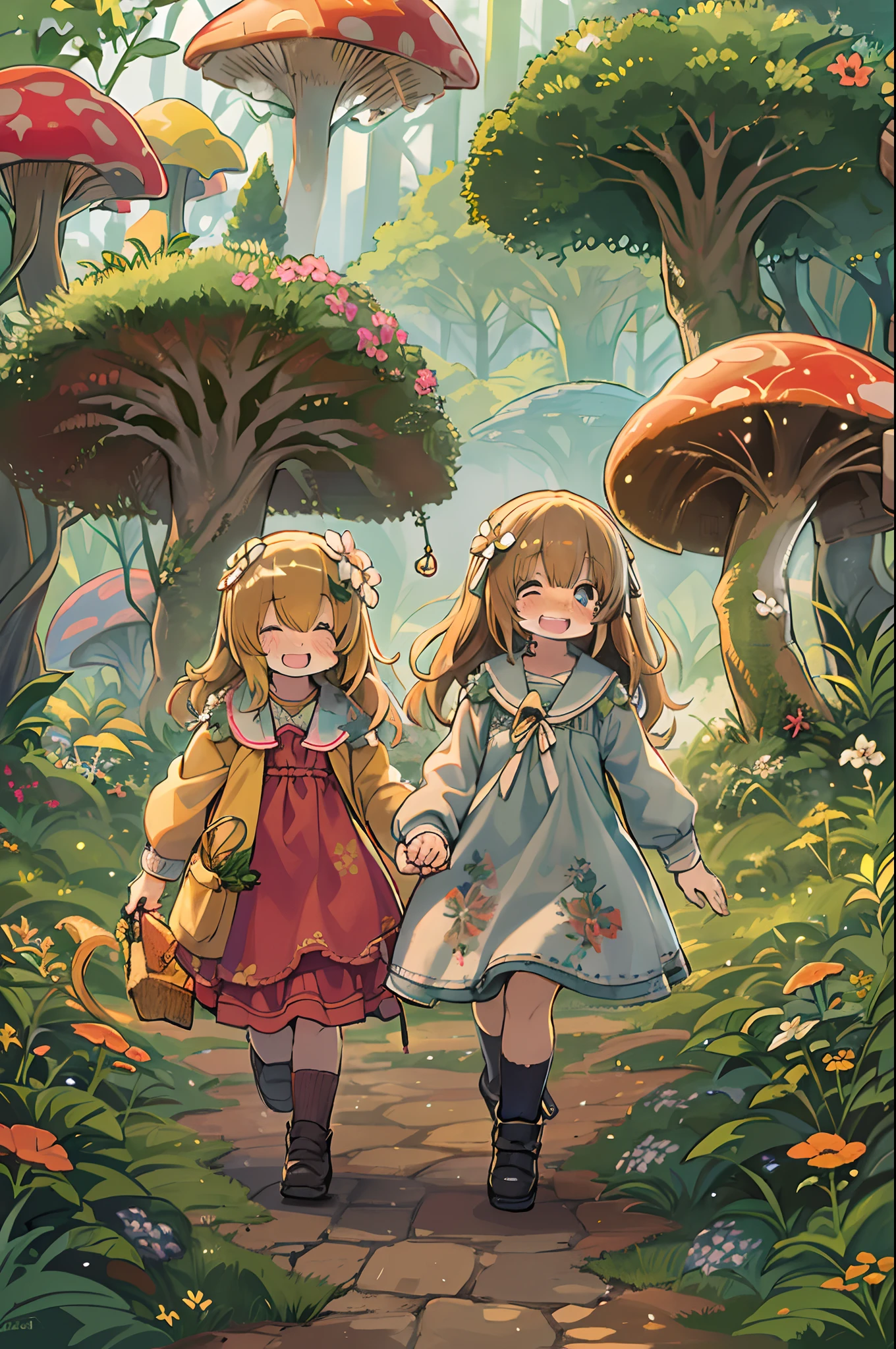 eyesight, (Three Lolitas: 2) Stable diffusion is the best image quality, morning sunlight, Spring landscape, Dew and flowers, flying hair, Live in a fairytale dreamland with mushrooms, Trip, Running, and laughing. forest pathway