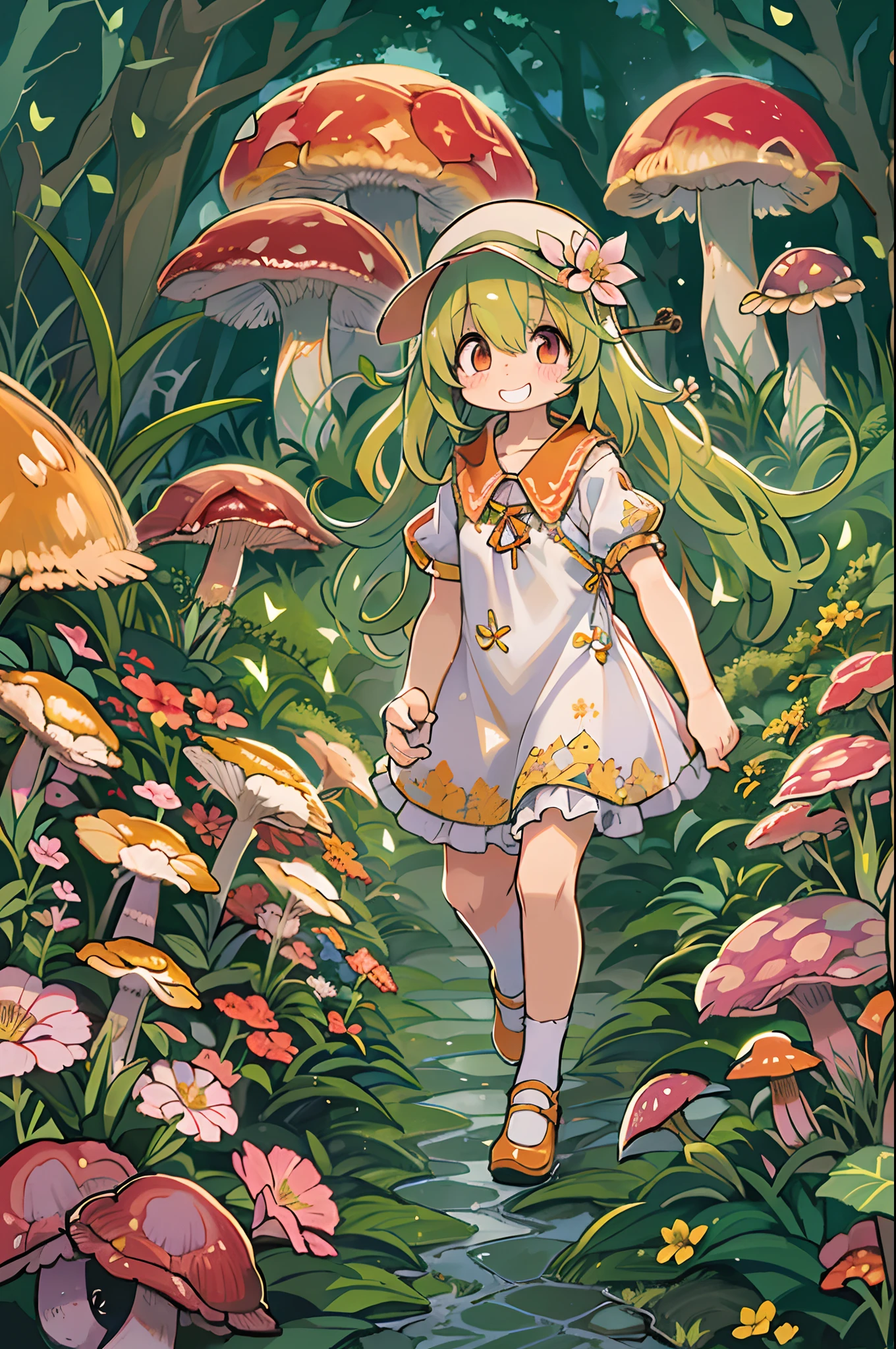 eyesight, (Three tas: 2) Stable diffusion is the best image quality, morning sunlight, Spring landscape, Dew and flowers, flying hair, Live in a fairytale dreamland with mushrooms, Trip, Running, and laughing. forest pathway