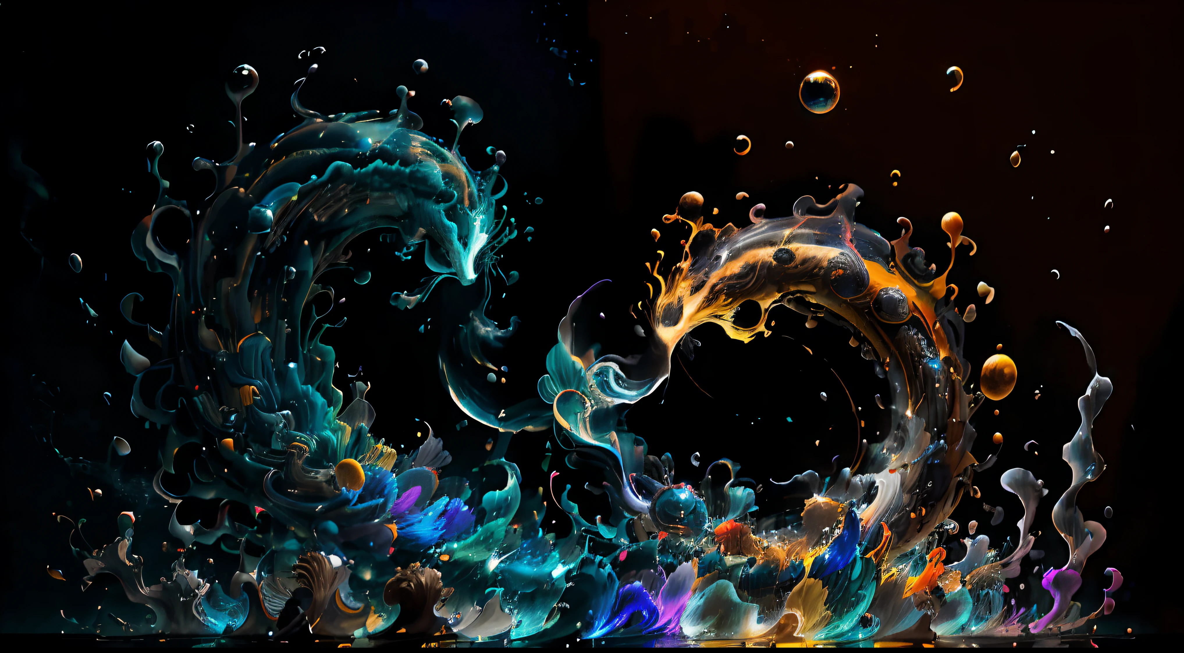 Obra de Arte abstracto en movimiento.Arte de Alberto Severo. Un primer plano de chorros y corrientes de metales preciosos fundidos que chocan entre si y forman , inmensas cantdades de gotas y chorros metalicos de oro, plata, cobre mercurio, que burbujean ,explotan ,remolinean y fluyen y ocupan todo el espacio, nubes de fluidos de colores metalicos dorados, plateados, cobrizos brillantes y tornasolados,burbujas tornasoladas, ,remolinos de gotas tornasoladas que giran y escapan.Crea una fascinante obra de arte abstracta con un enfoque en la fluidez y el movimiento. Utilice una paleta de colores rica y diversa, Blend tones seamlessly to evoke a sense of continuous movement, Background of psychedelic fuids in motion. Arte de los fluidos en movimiento
