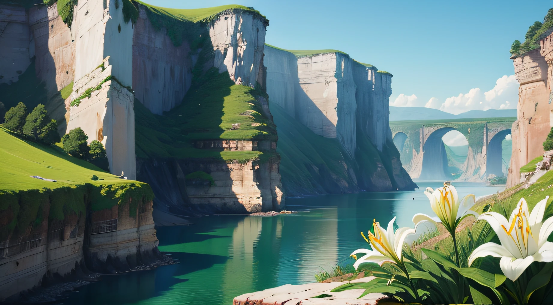 Lilies bloom on the green cliffs