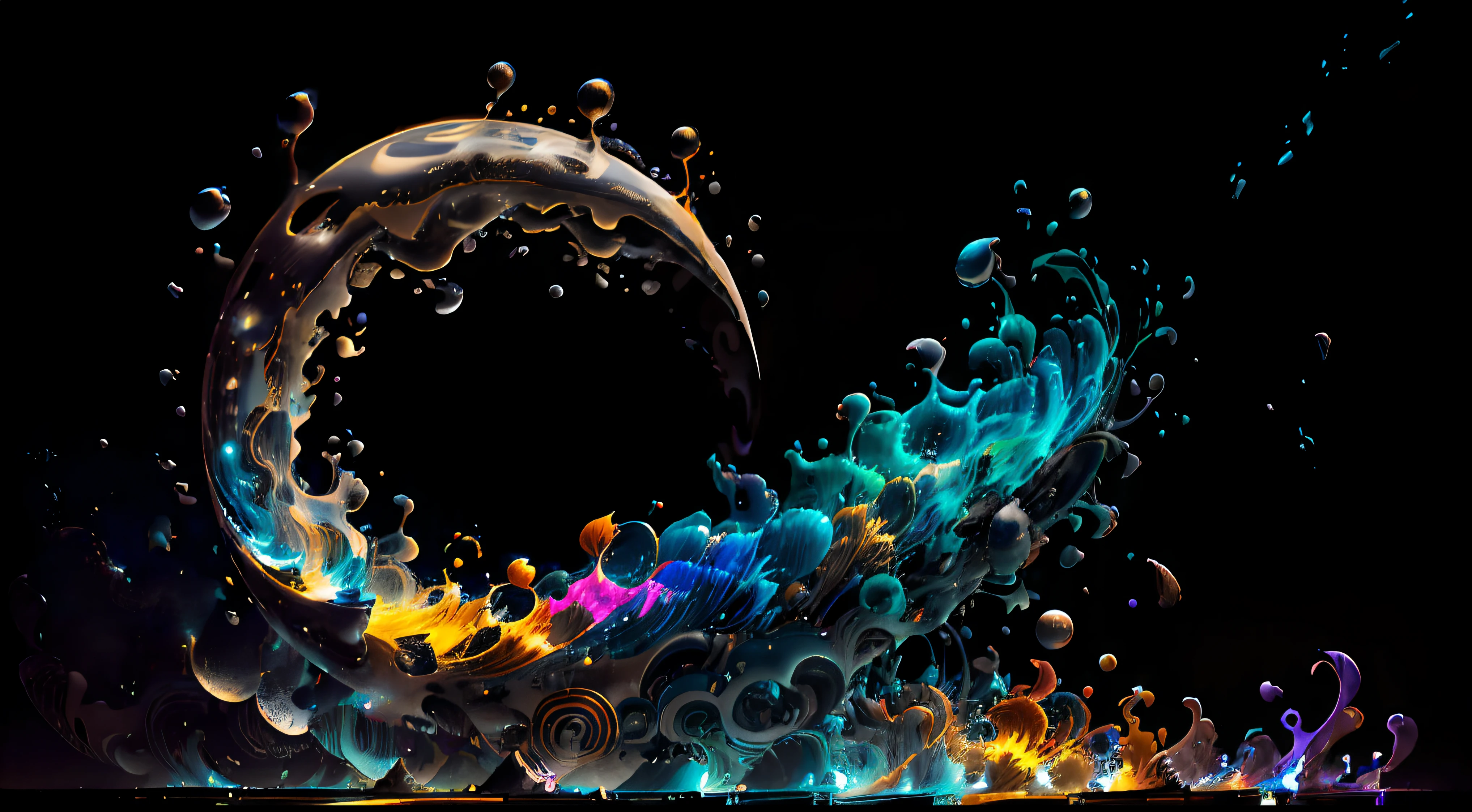 Obra de Arte abstracto en movimiento.Arte de Alberto Severo. Un primer plano de chorros y corrientes de metales preciosos fundidos que chocan entre si y forman , inmensas cantdades de gotas y chorros metalicos de oro, plata, cobre mercurio, que burbujean ,explotan ,remolinean y fluyen y ocupan todo el espacio, nubes de fluidos de colores metalicos dorados, plateados, cobrizos brillantes y tornasolados,burbujas tornasoladas, ,remolinos de gotas tornasoladas que giran y escapan.Crea una fascinante obra de arte abstracta con un enfoque en la fluidez y el movimiento. Utilice una paleta de colores rica y diversa, Blend tones seamlessly to evoke a sense of continuous movement, Background of psychedelic fuids in motion. Arte de los fluidos en movimiento