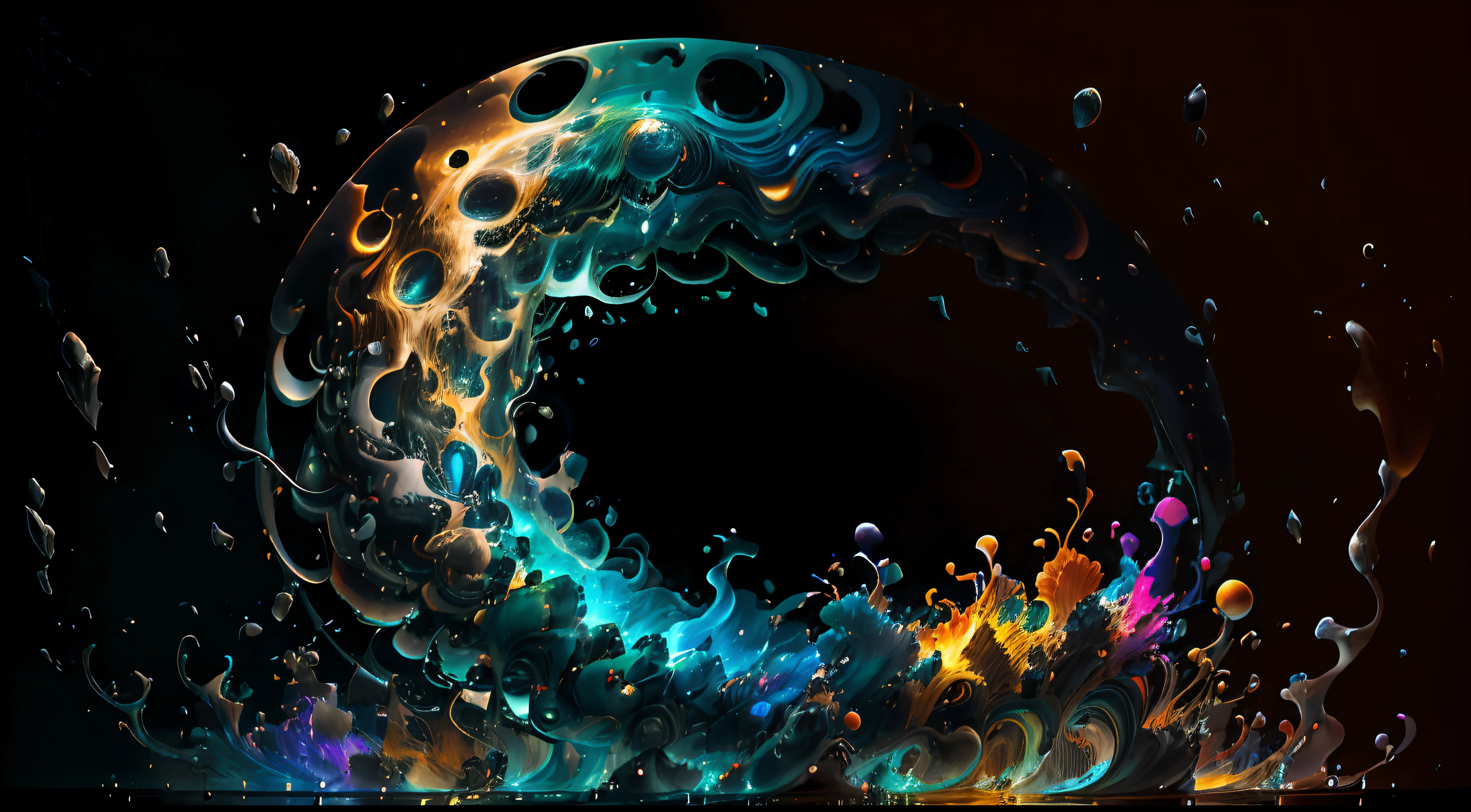 Obra de Arte abstracto en movimiento.Arte de Alberto Severo. Un primer plano de chorros y corrientes de metales preciosos fundidos que chocan entre si y forman , inmensas cantdades de gotas y chorros metalicos de oro, plata, cobre mercurio, que burbujean ,explotan ,remolinean y fluyen y ocupan todo el espacio, nubes de fluidos de colores metalicos dorados, plateados, cobrizos brillantes y tornasolados,burbujas tornasoladas, ,remolinos de gotas tornasoladas que giran y escapan.Crea una fascinante obra de arte abstracta con un enfoque en la fluidez y el movimiento. Utilice una paleta de colores rica y diversa, Blend tones seamlessly to evoke a sense of continuous movement, Background of psychedelic fuids in motion. Arte de los fluidos en movimiento
