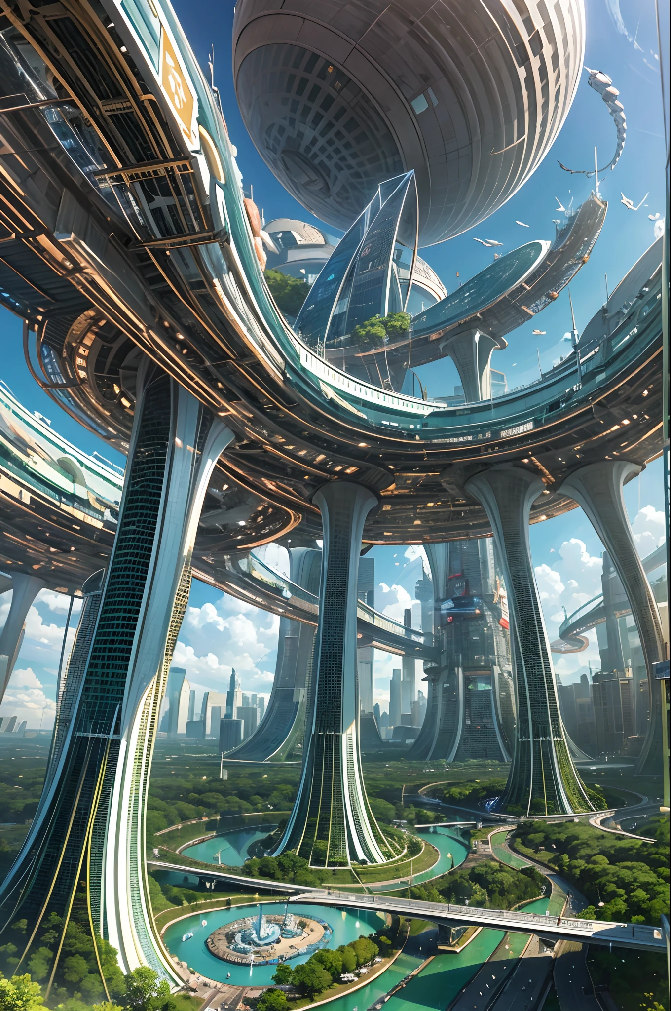 Ultra photo realsisim，Hyper-detailing，Ultra-wide-angle picture，24th century，sci fi city，and the sun was shining brightly，jungles，The fusion of the future technology city and nature，Oval building，Suspended circular aircraft，Roads leading in all directions，highly detailed surreal vfx，Smudge，Faraway view，super-fine，ultra - detailed，high qulity，8K ，oc rendered，dynamic viewing angle