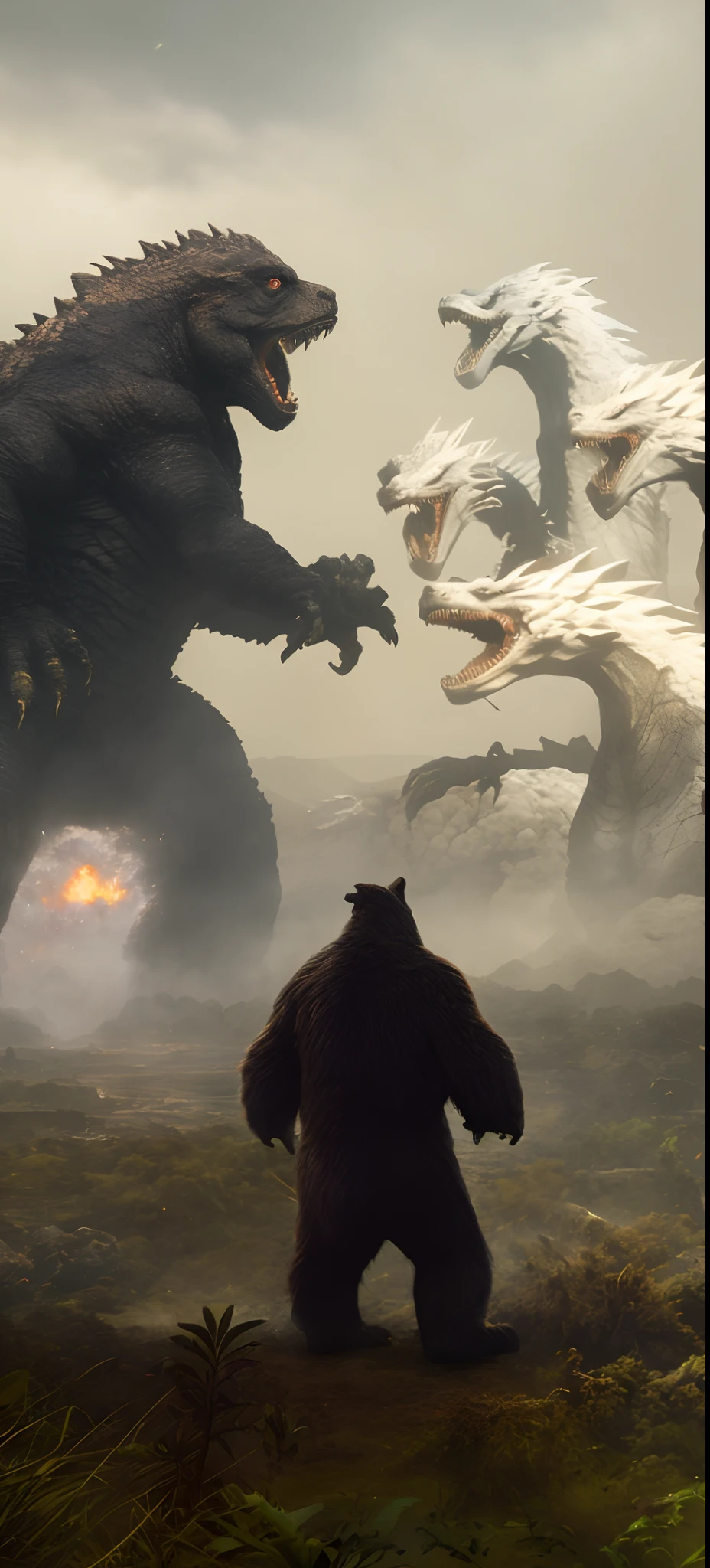Godzilla and bear compete for giant monsters in the fields, kaiju battle, dinosaurs and godzilla, wojtek fus, liam neeson versus godzilla, Fighting monsters, Adam and Eve vs. Godzilla, big titan creature in the center, monster destroying pyongyang, CG art, monsters in the background, inspired by Noriyoshi Ohrai, elden ring monster