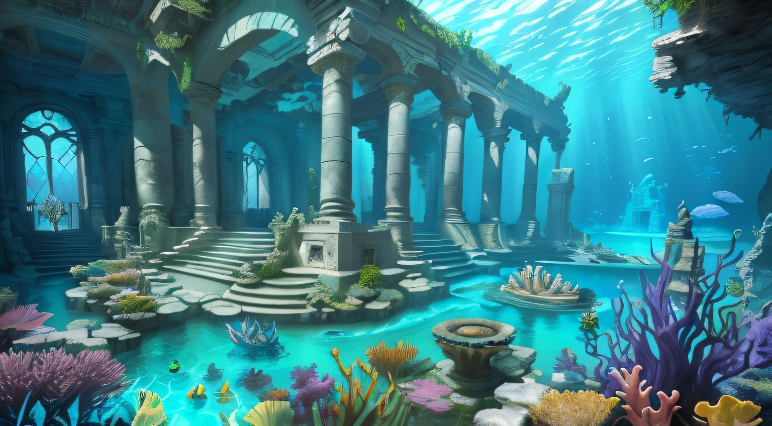 Underwater world Atlantis, deep sea, epic reality, (hdr: 1.4), dappled sunlight, cool colors, ancient ruins, ocean-type houses full of design sense, fantastic and incredible, epic composition, (complex Detail), (Complicated Detail, Ultra Detail: 1.2), Art Station, (Masterpiece, Best Quality) --v 6
