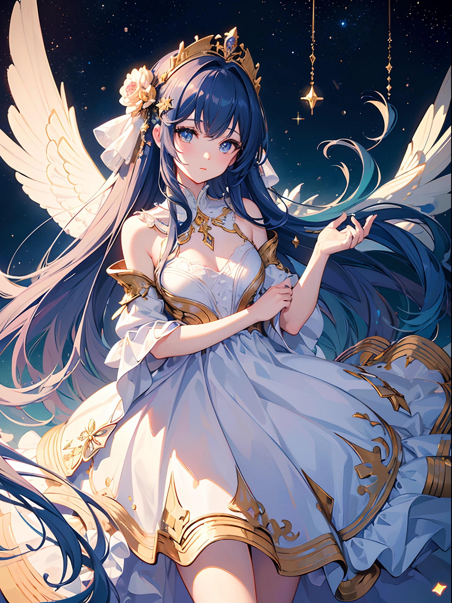 ((best quality)), ((masterpiece)), ((ultra-detailed)), (illustration), (detailed light), (an extremely delicate and beautiful), a girl, cute face, two legs, long dress, (beautiful detailed eyes), stars in the eyes, messy floating hair, colored inner hair, starry sky adorns hair, (lots of big colorful bubble), pearl, galaxy, depth of field, cowboy shot, from up