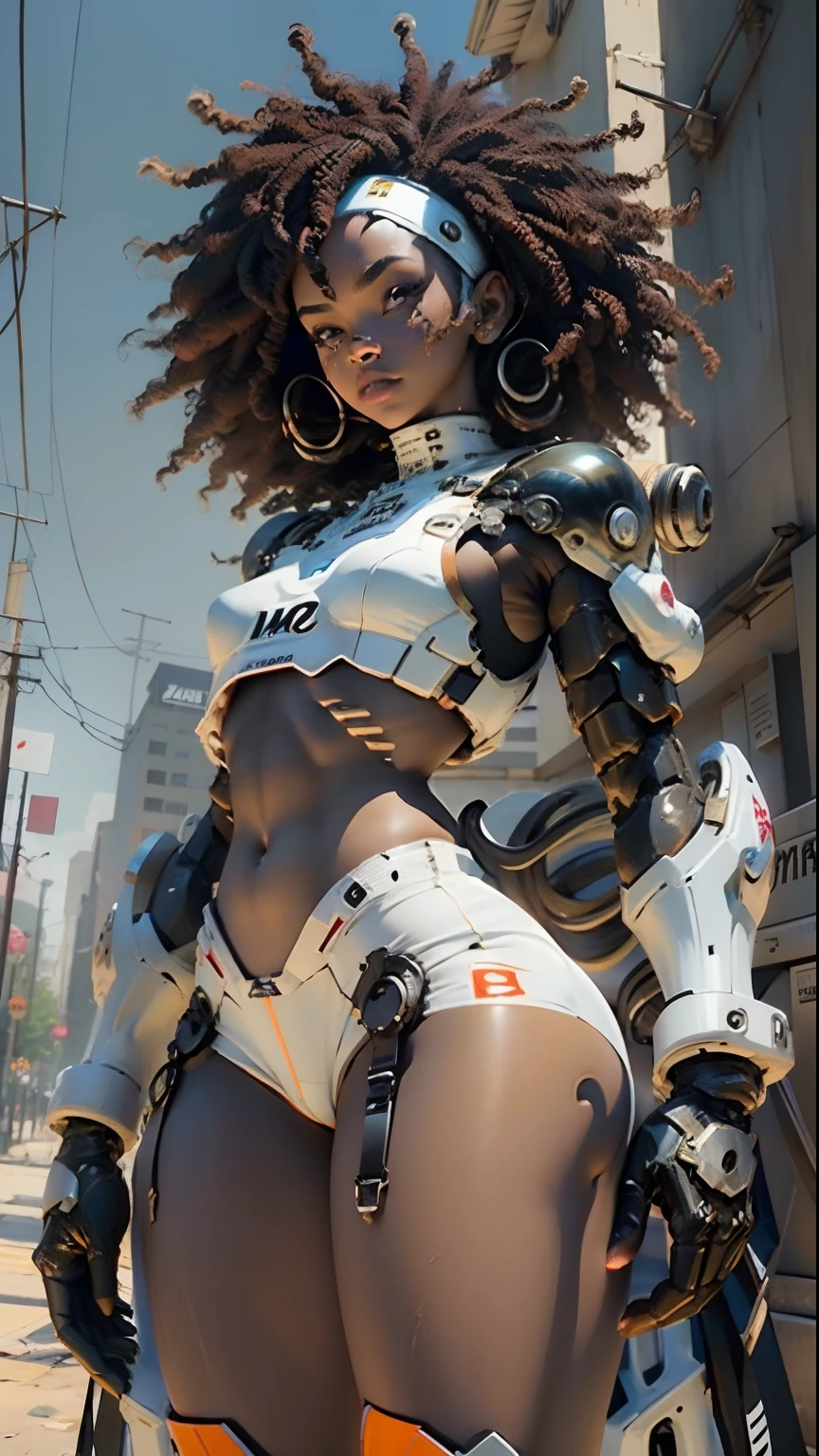 afro Woman body defined thick thighs cybernetic body parts, short underwear, black skin