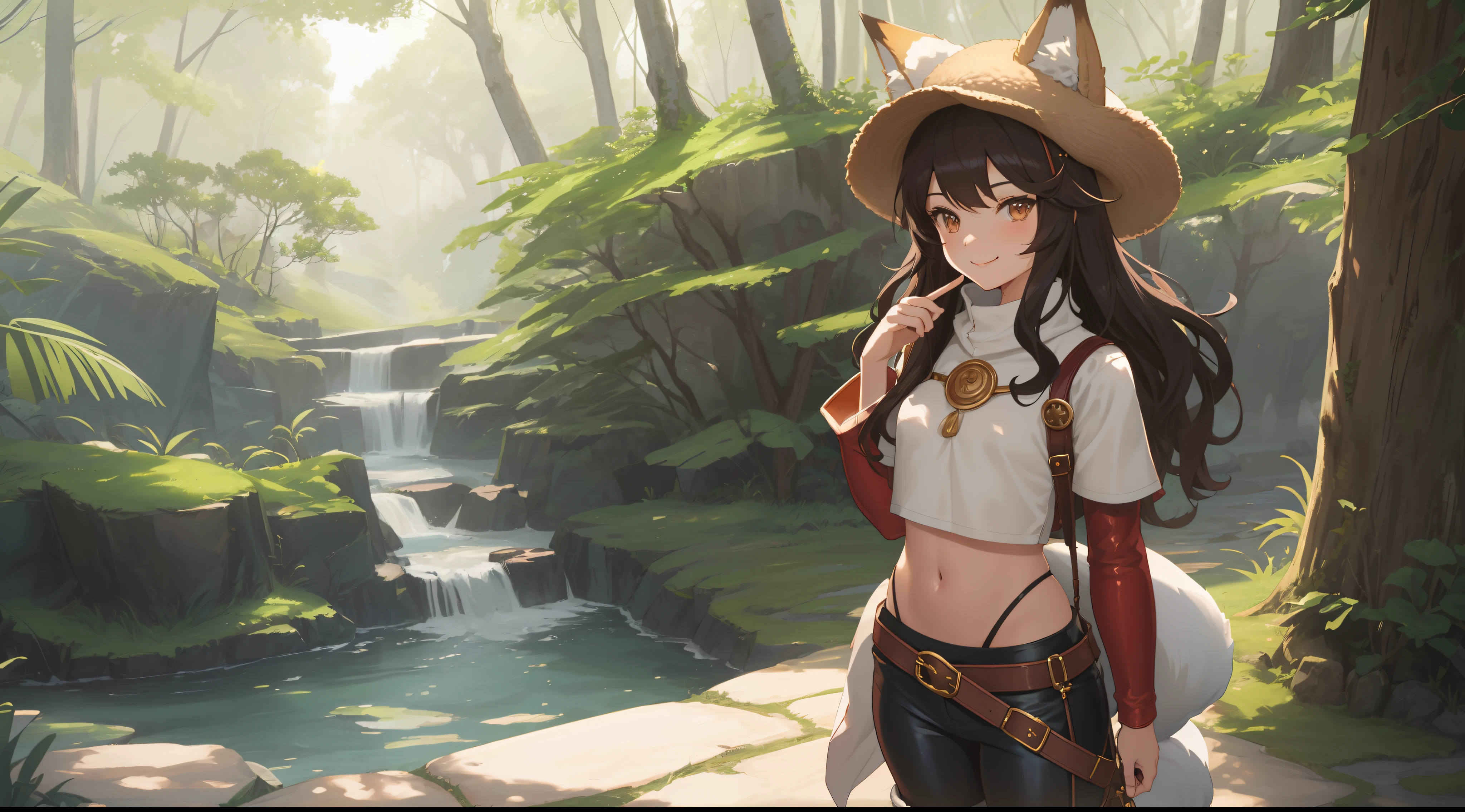 background image,far view,8k,Solo,fox boy,flat chest,wearing fantasy leather full armor,short pants,big wool cap on hat,flop down fox ears,shirt and feminine body,short fluffy and wavy brunette hair,wry smile,thick tighs,trees.