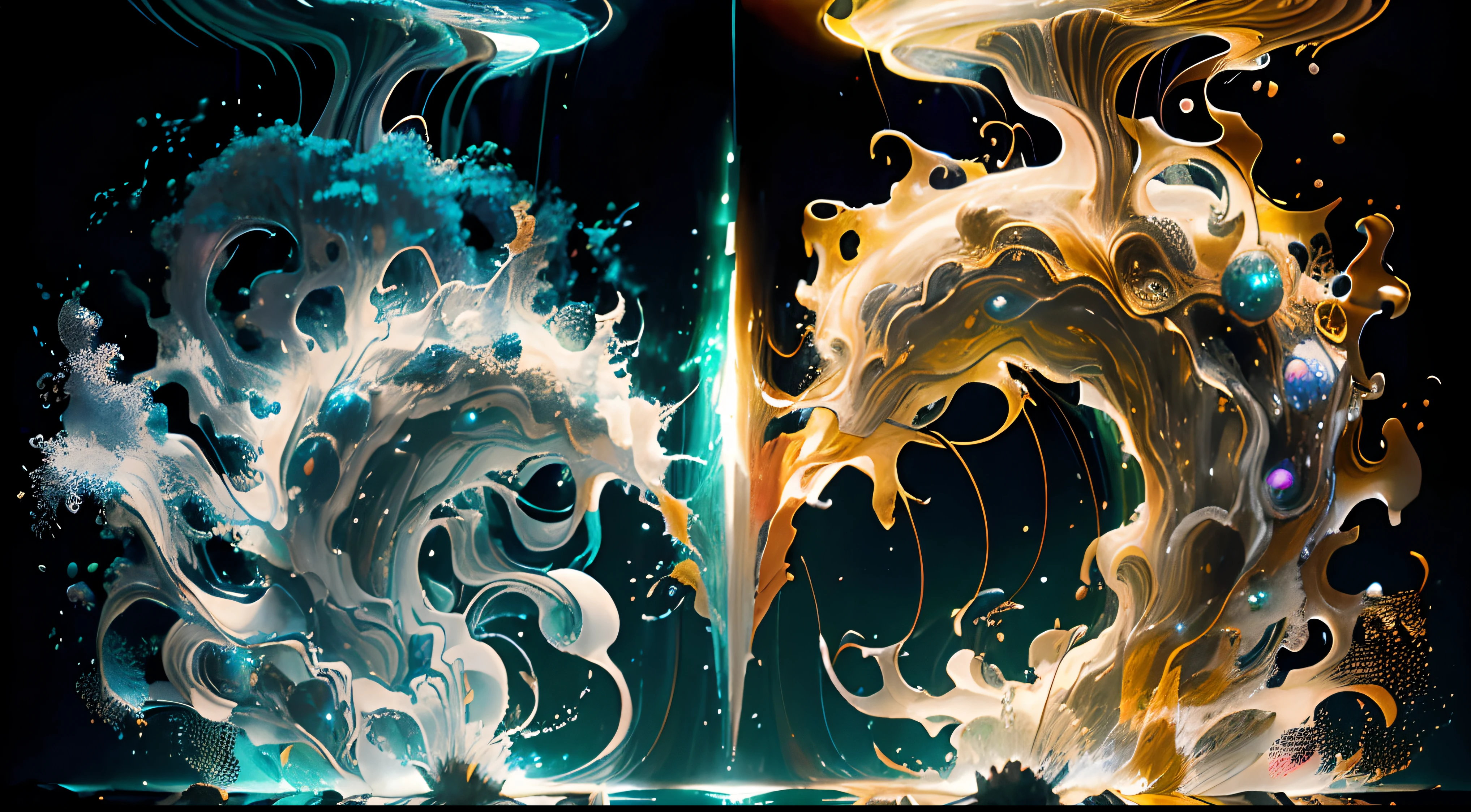 Obra de Arte abstracto en movimiento.Arte de Alberto Severo. Un primer plano de chorros y corrientes de metales preciosos fundidos que chocan entre si y forman , inmensas cantdades de gotas y chorros metalicos de oro, plata, cobre mercurio, que burbujean ,explotan ,remolinean y fluyen y ocupan todo el espacio, nubes de fluidos de colores metalicos dorados, plateados, cobrizos brillantes y tornasolados,burbujas tornasoladas, ,remolinos de gotas tornasoladas que giran y escapan.Crea una fascinante obra de arte abstracta con un enfoque en la fluidez y el movimiento. Utilice una paleta de colores rica y diversa, Blend tones seamlessly to evoke a sense of continuous movement, Background of psychedelic fuids in motion. Arte de los fluidos en movimiento