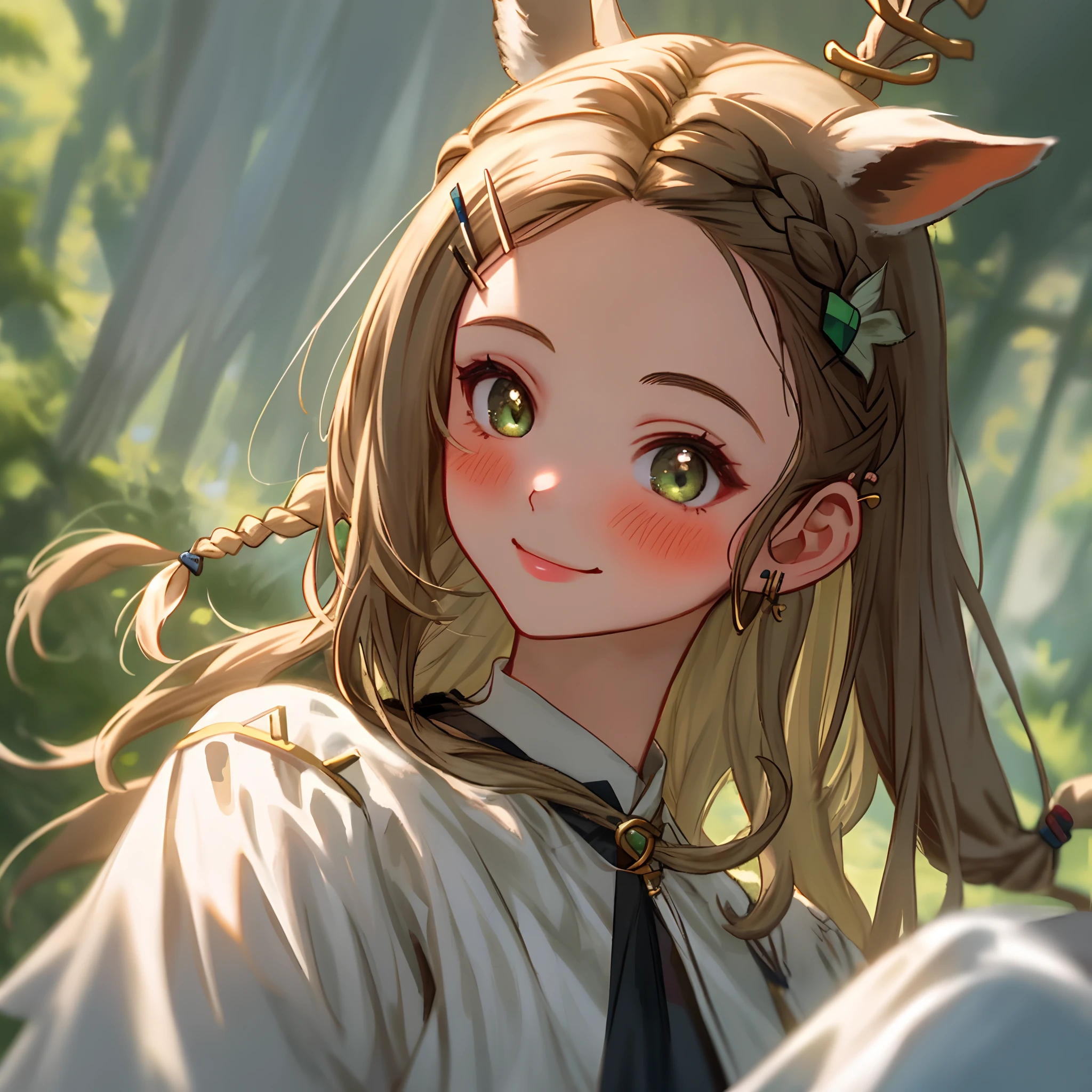 Best quality,Masterpiece, 1 girl, Solo, model shoot, Amazing, Alina, (((wears))), artemisia, deer ear, Look at the user, Smile, Blush, Hairpin,(( Braid)), Hair ornaments, ((hair pin)),adolable