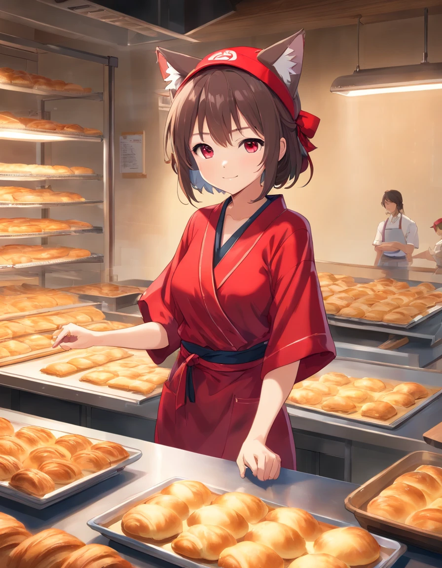 ((Cat's ears)),((Baseball hat)),((Wearing a bright red robe)),Black underwear,A talented baker who meticulously forms the best dough for flaky pastries. The image is、Shows a well-equipped bakery with stainless steel countertops and a set of baking tools. Baker, Young man with radiant smile々Shishi Woman, Roll out the dough with a wooden rolling pin, Show off her expertise. The aroma of baked goods fills the air. In the background、Trays of golden croissants and delicately woven Danish pastries are chilled on racks. This photo is、Encapsulates the precision and skills required for the art of pastry making. photographed:Claire Ptak,