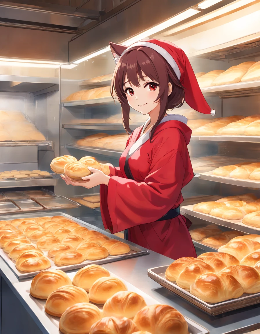 ((Cat's ears)),((Baseball hat)),((Wearing a bright red robe)),Black underwear,A talented baker who meticulously forms the best dough for flaky pastries. The image is、Shows a well-equipped bakery with stainless steel countertops and a set of baking tools. Baker, Young man with radiant smile々Shishi Woman, Roll out the dough with a wooden rolling pin, Show off her expertise. The aroma of baked goods fills the air. In the background、Trays of golden croissants and delicately woven Danish pastries are chilled on racks. This photo is、Encapsulates the precision and skills required for the art of pastry making. photographed:Claire Ptak,