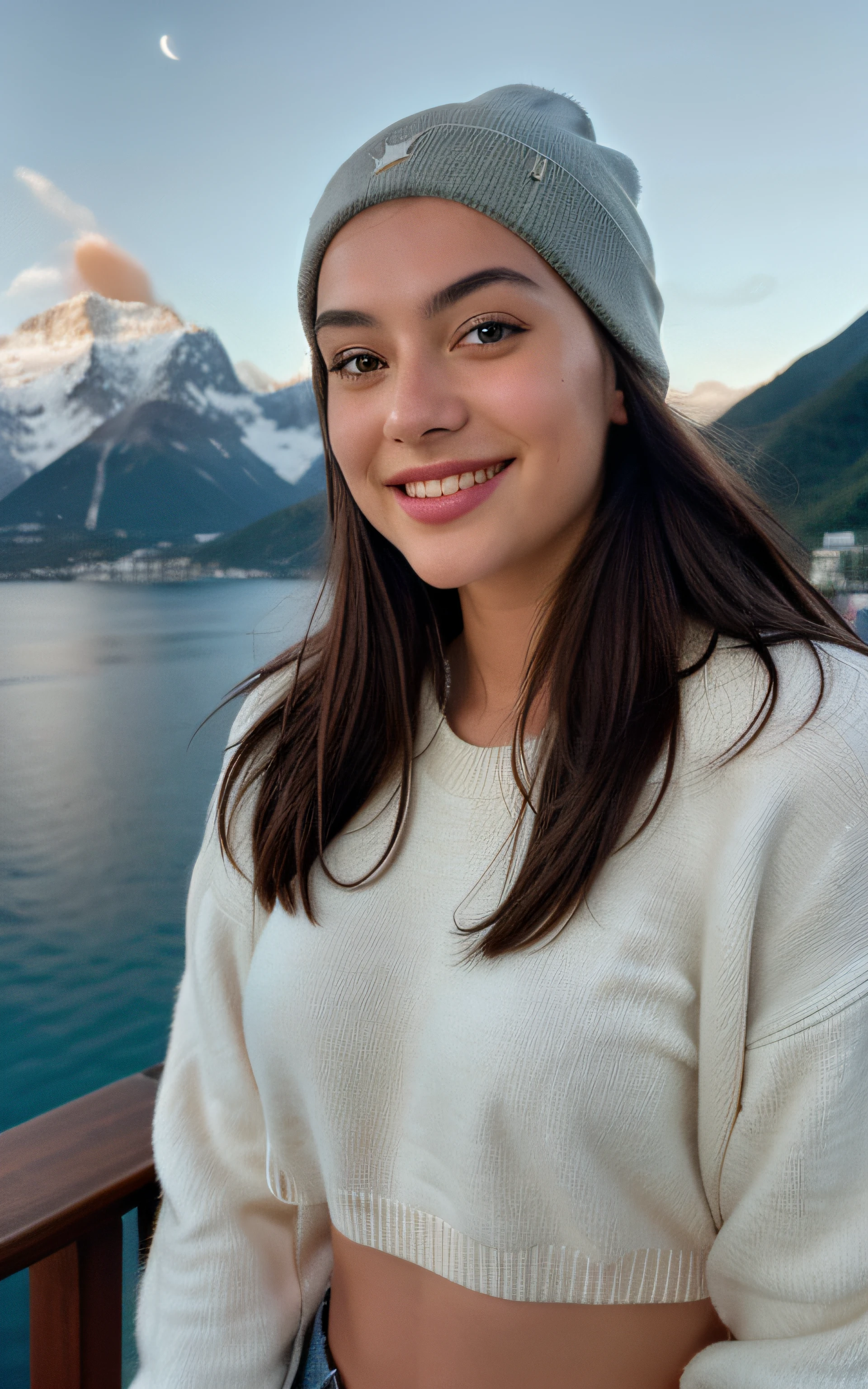 Photorealistic, Best Quality, Hyper Detailed, Beautiful woman, selfie photo, Upper body, Solo, wearing pullover, cruise ship (Night), mountainscape, The nature of real life, Stars, Moon, (Outstanding smile、A dark-haired、、Cheerful, Happy), Beanie, ship deck, ocean, Wood, Smoke, Fog, crystal clear skies, analog style, Looking at Viewer, Skin Texture, Film grain, close up, 超A high resolution, Best Shadow, raw, Instagram LUT