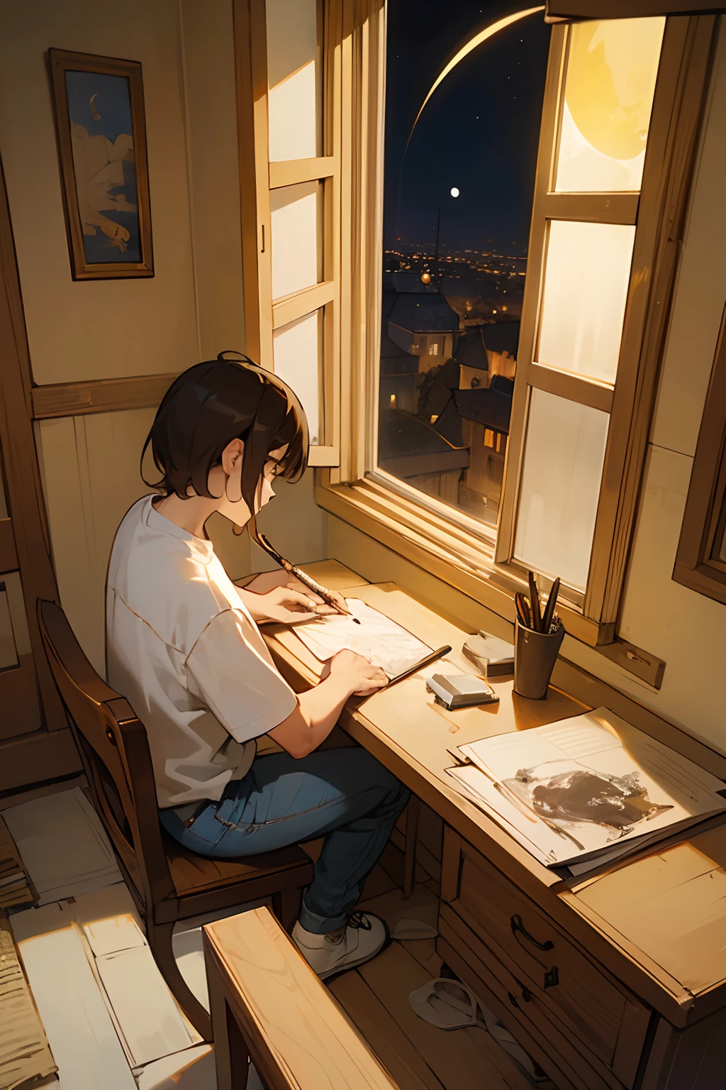 Young painter, dark hair, white shirt, jeans, white trainers, sketching the golden night moon from the window of his room.